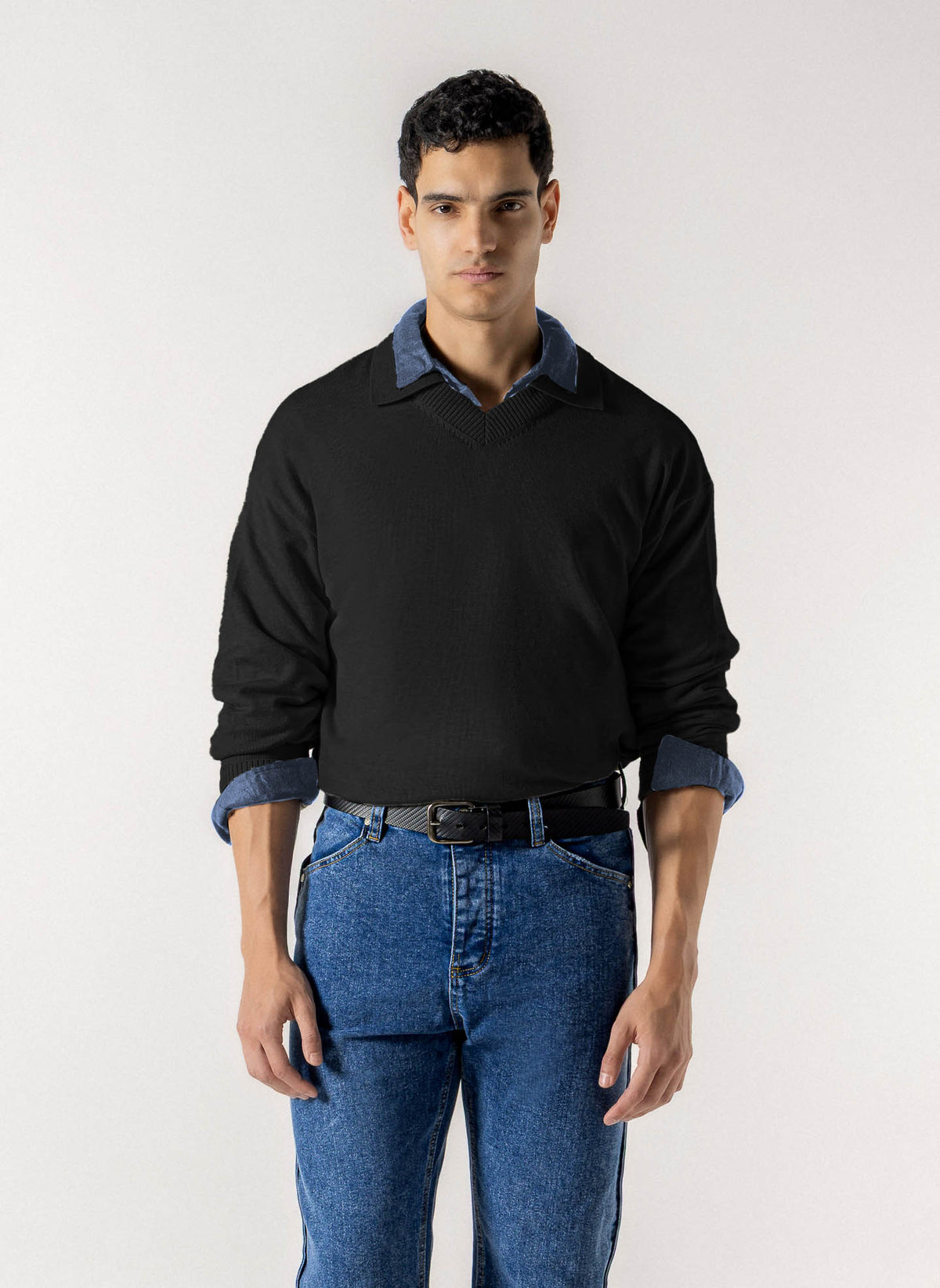 V NECK COLLARED POLO SWEATER