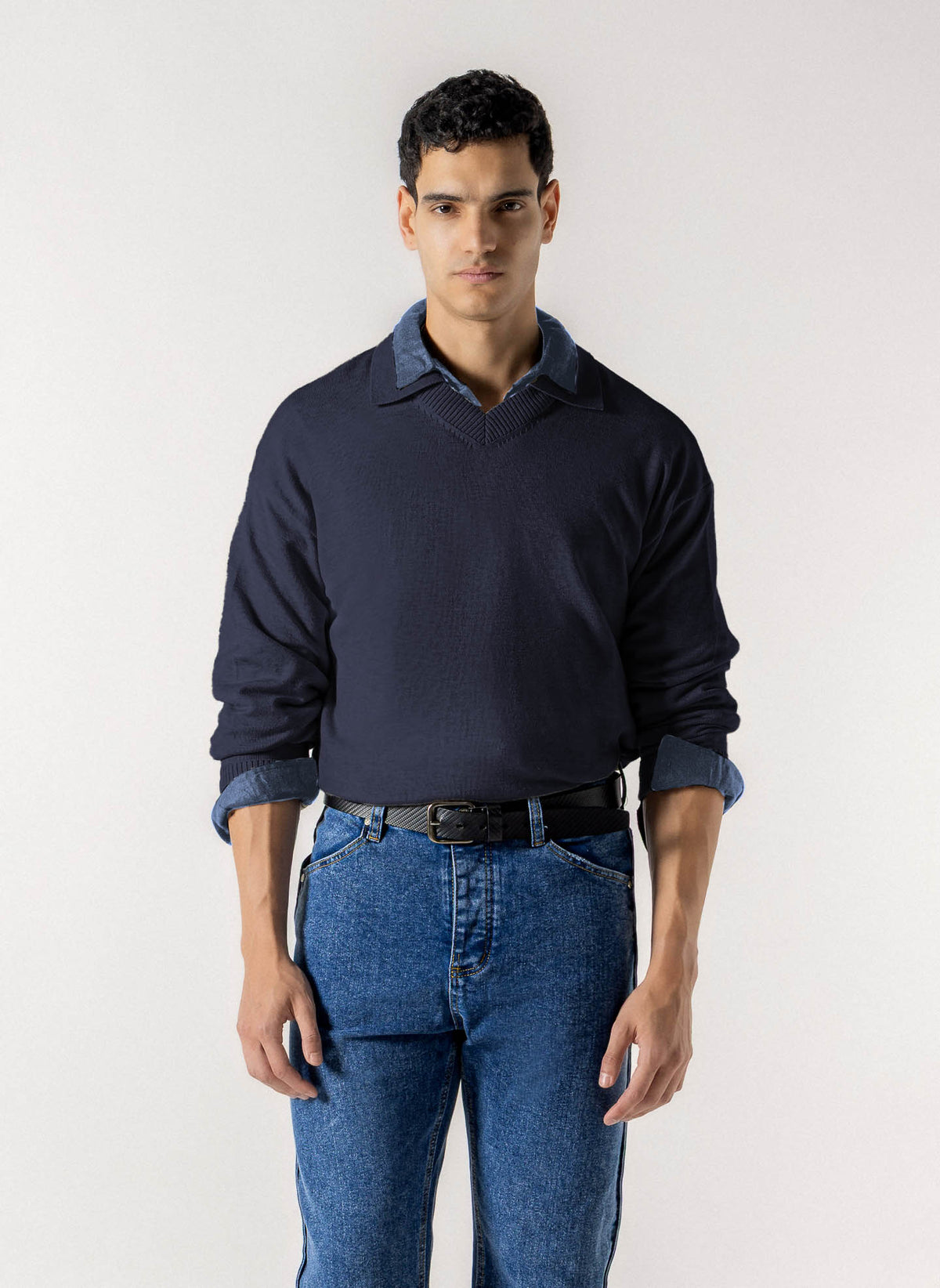V NECK COLLARED POLO SWEATER