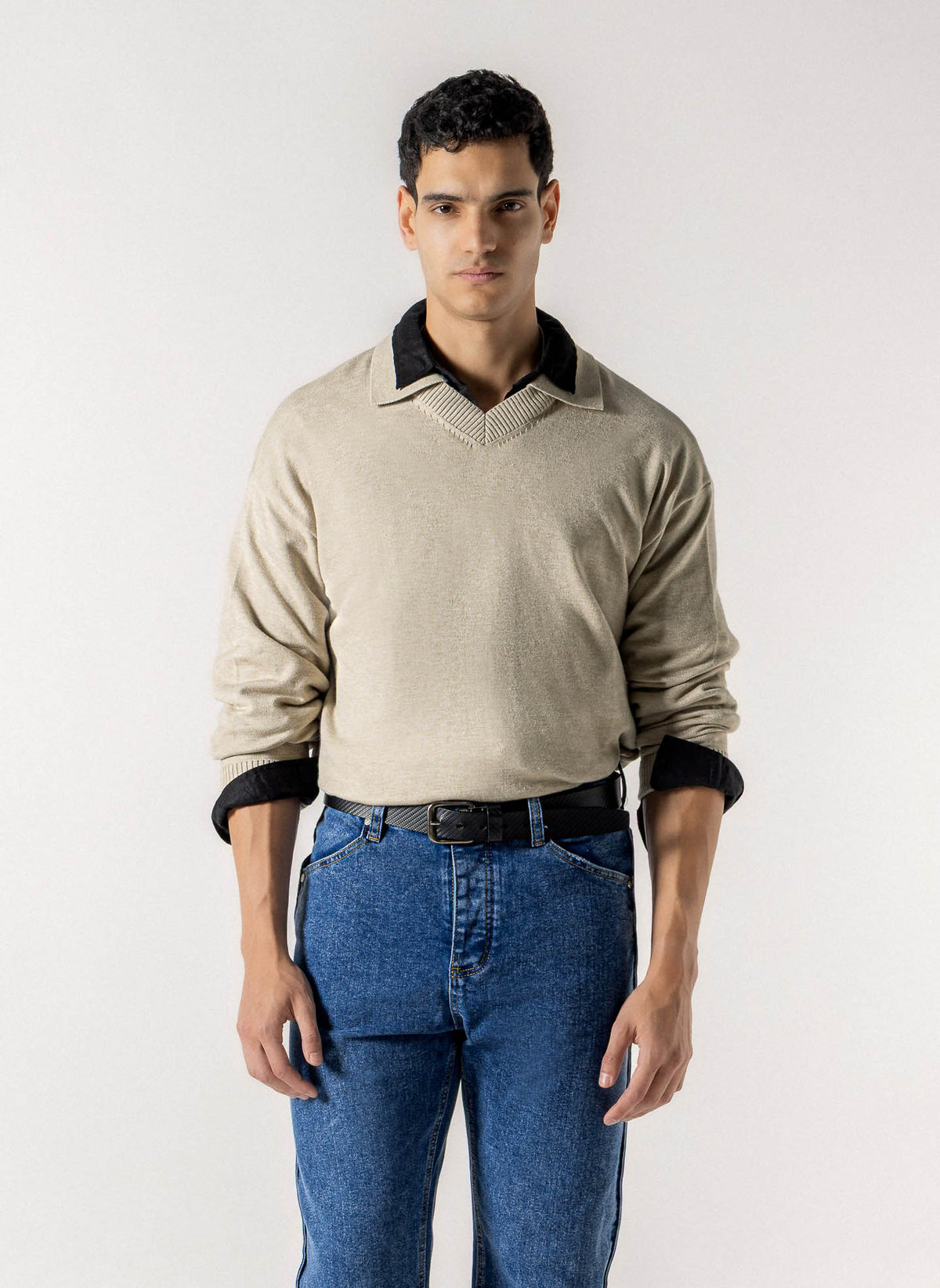 V NECK COLLARED POLO SWEATER