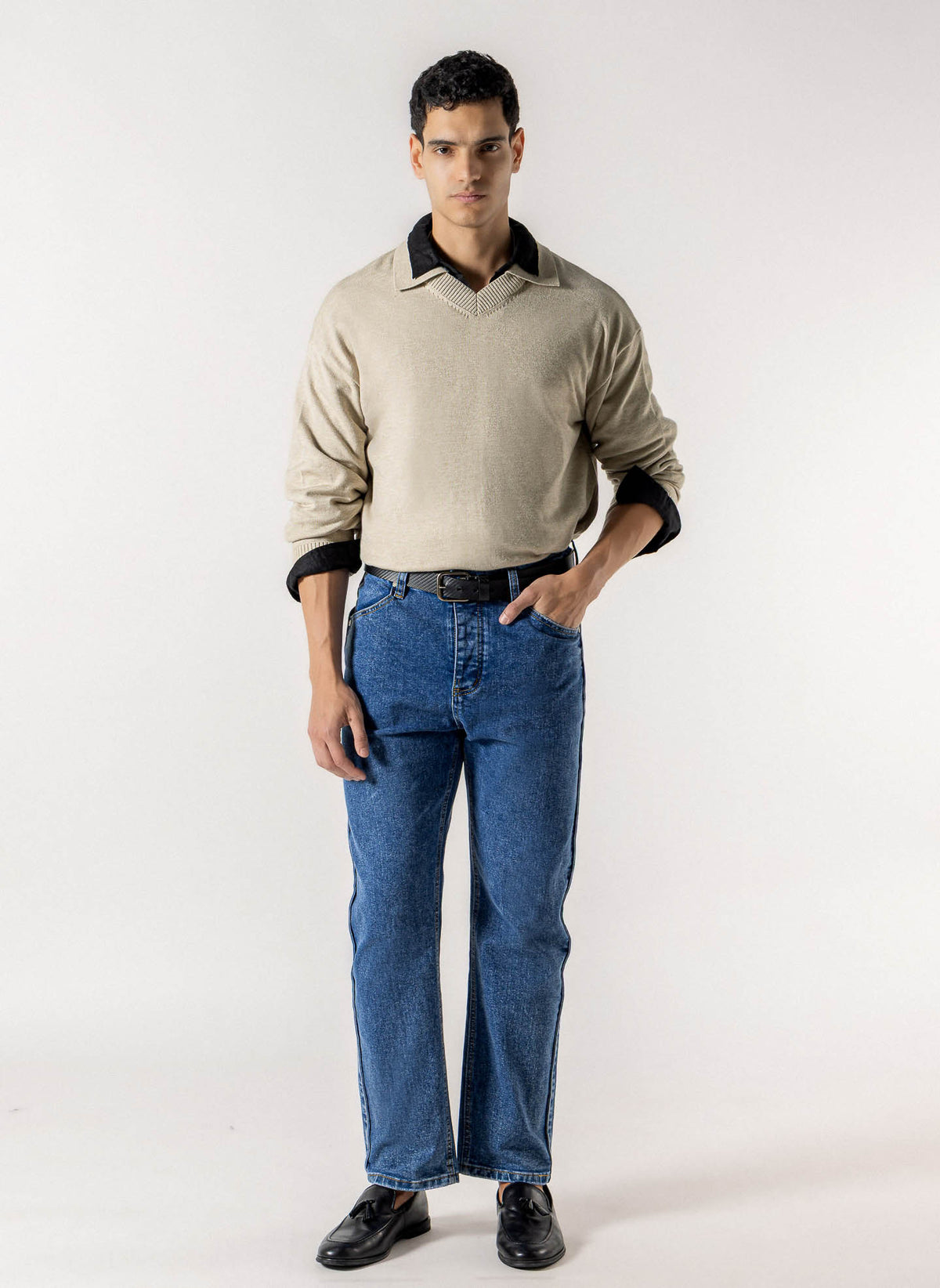 V NECK COLLARED POLO SWEATER