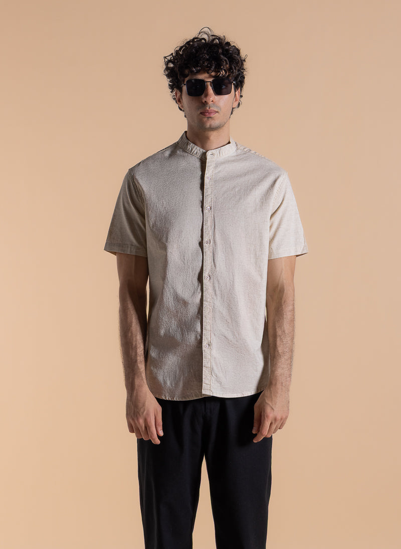 MANDARIN COLLAR LINEN BLEND SHIRT