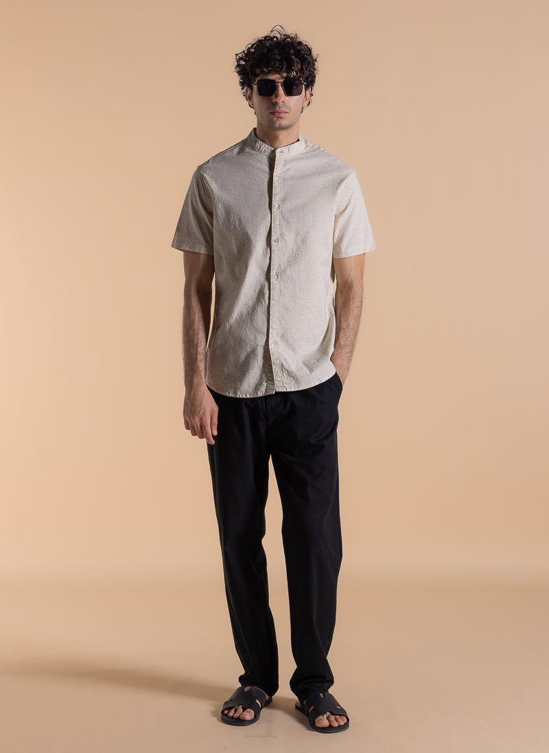 MANDARIN COLLAR LINEN BLEND SHIRT