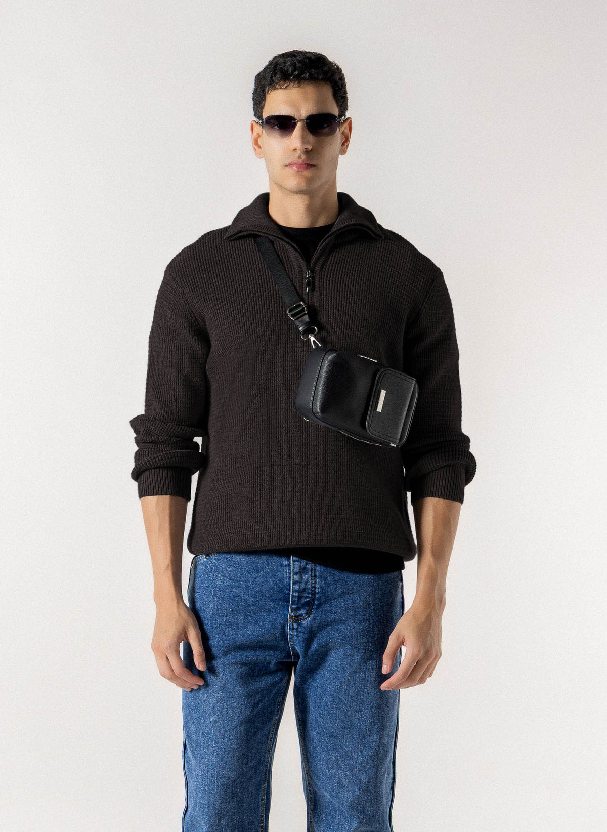 WAFFLE RIBBED QUATER ZIP SWEATER
