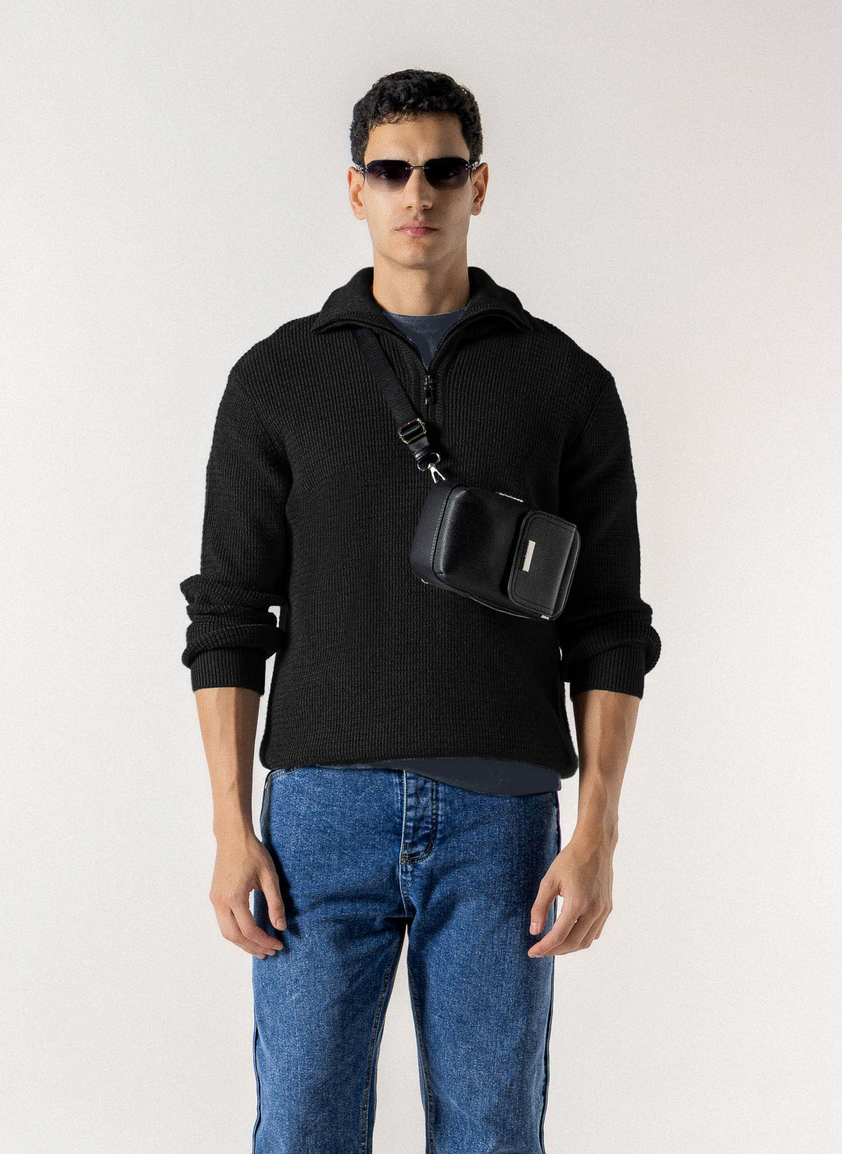 WAFFLE RIBBED QUATER ZIP SWEATER