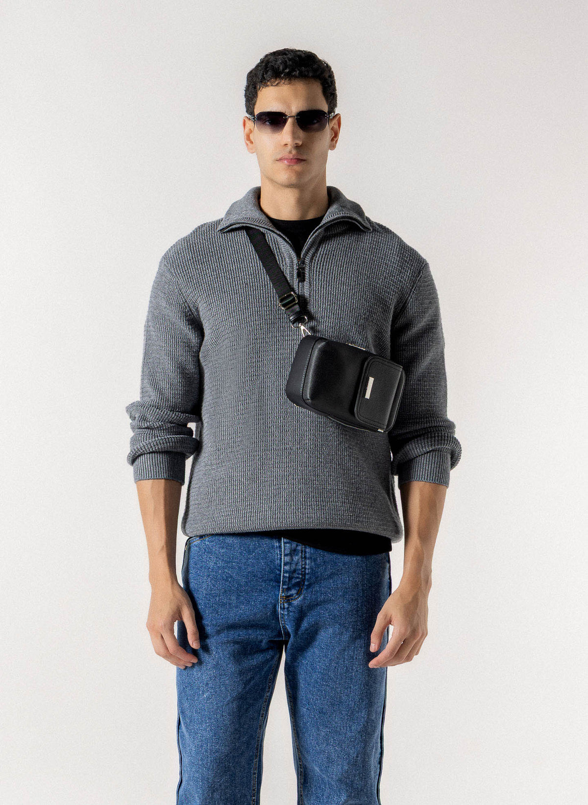 WAFFLE RIBBED QUATER ZIP SWEATER