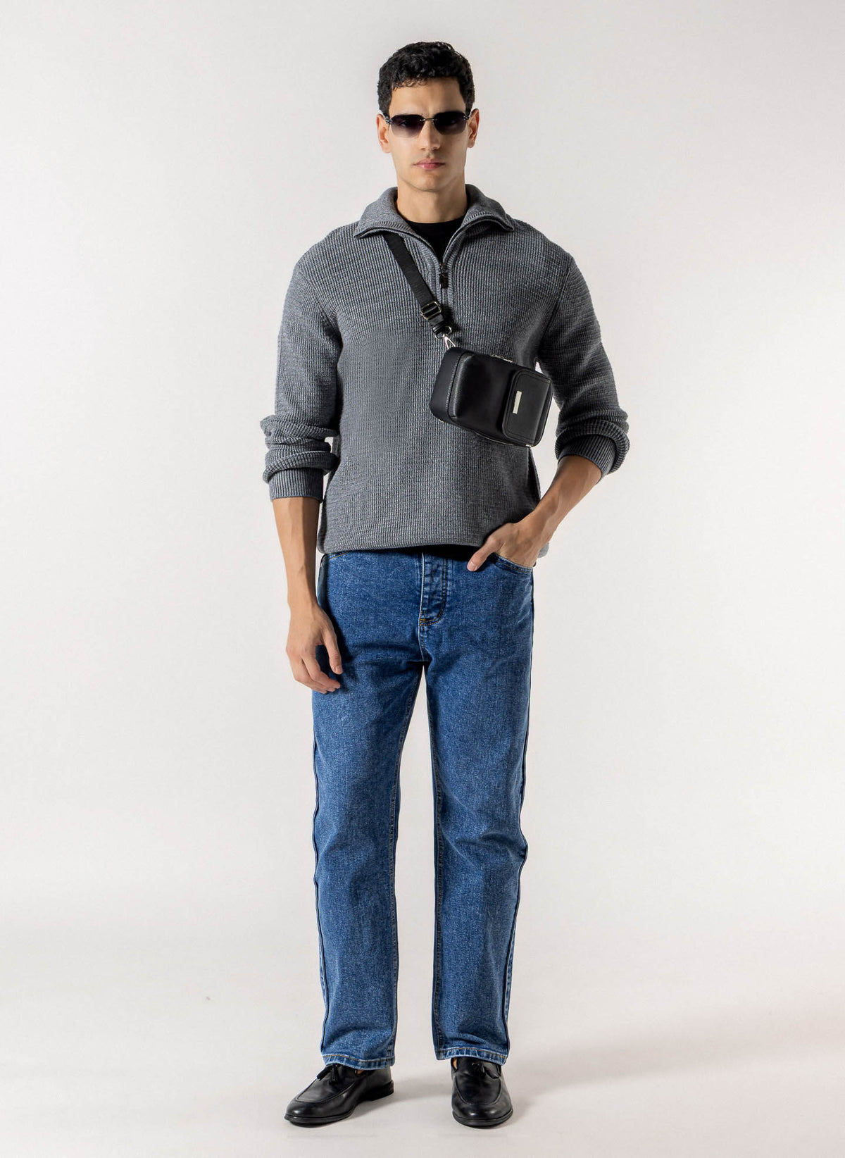 WAFFLE RIBBED QUATER ZIP SWEATER