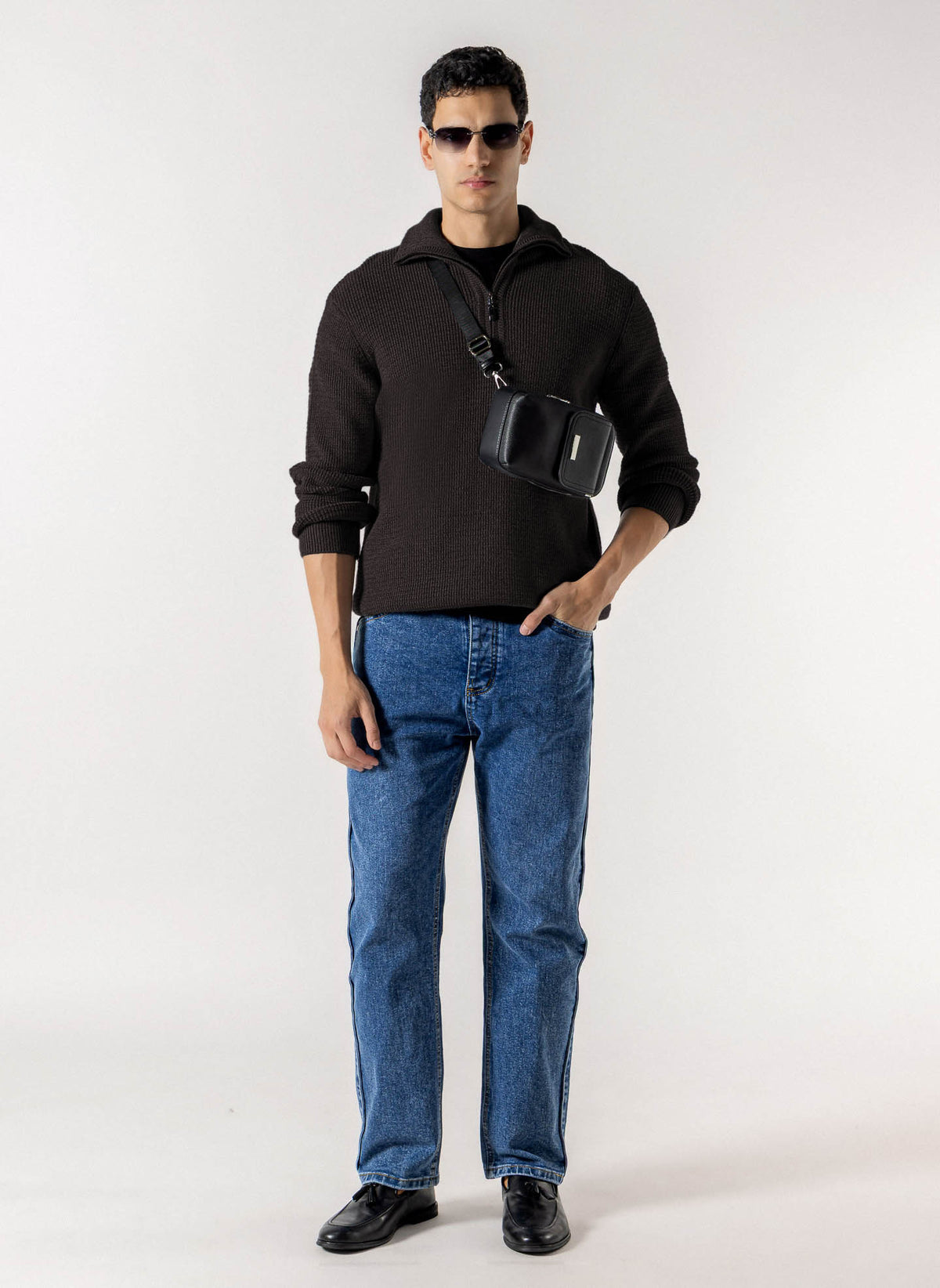 WAFFLE RIBBED QUATER ZIP SWEATER