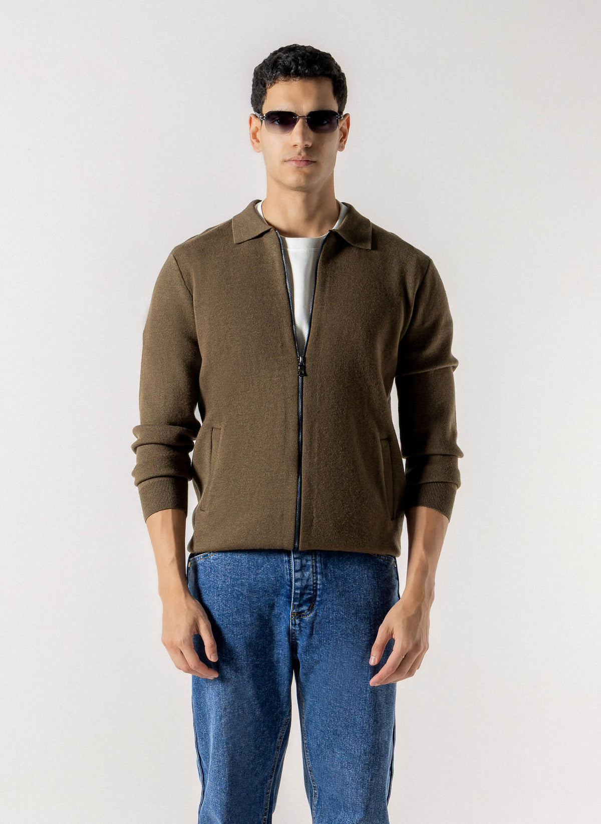 FULL ZIP COLLARED KNIT CARDIGAN