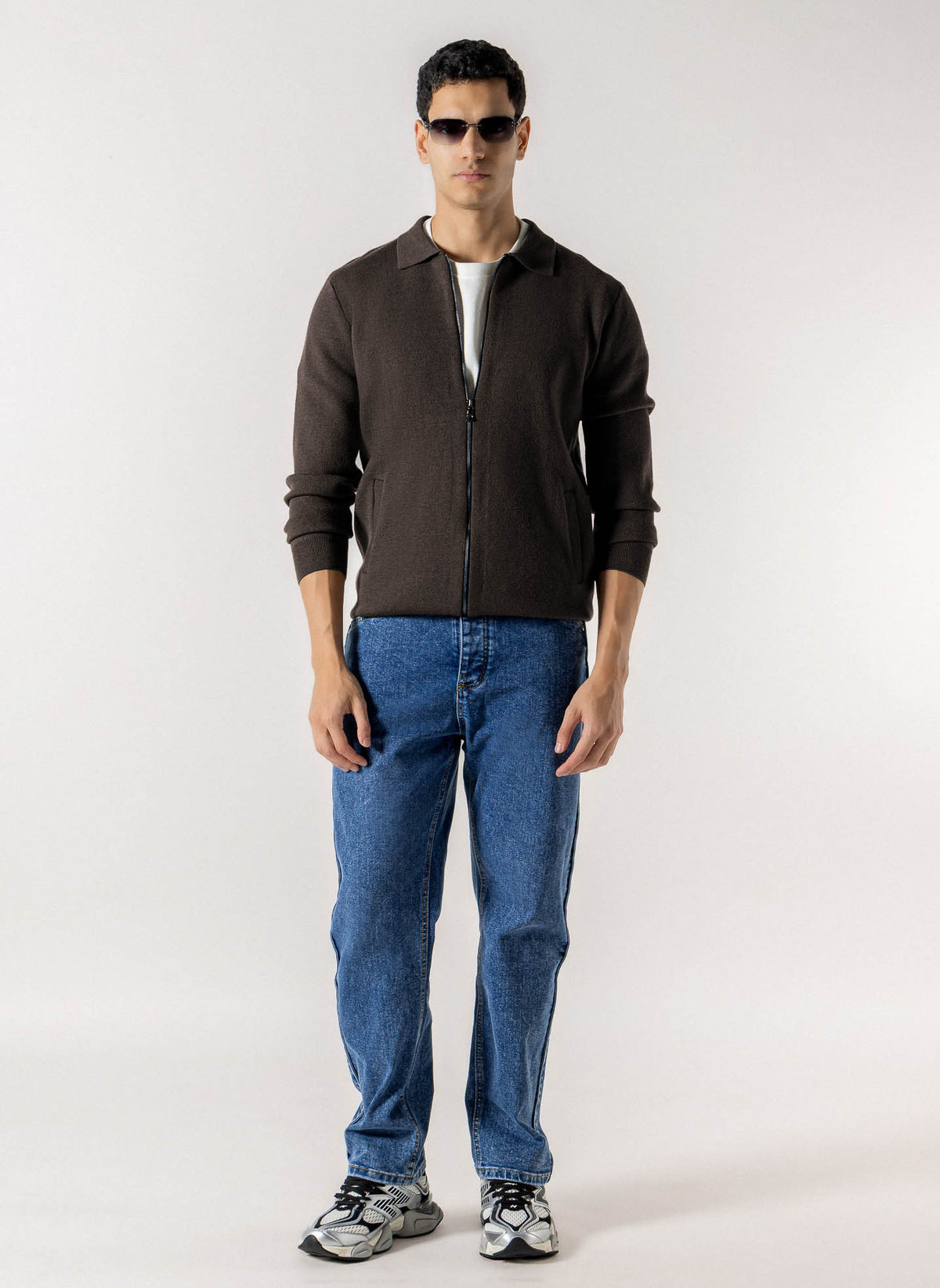 FULL ZIP COLLARED KNIT CARDIGAN