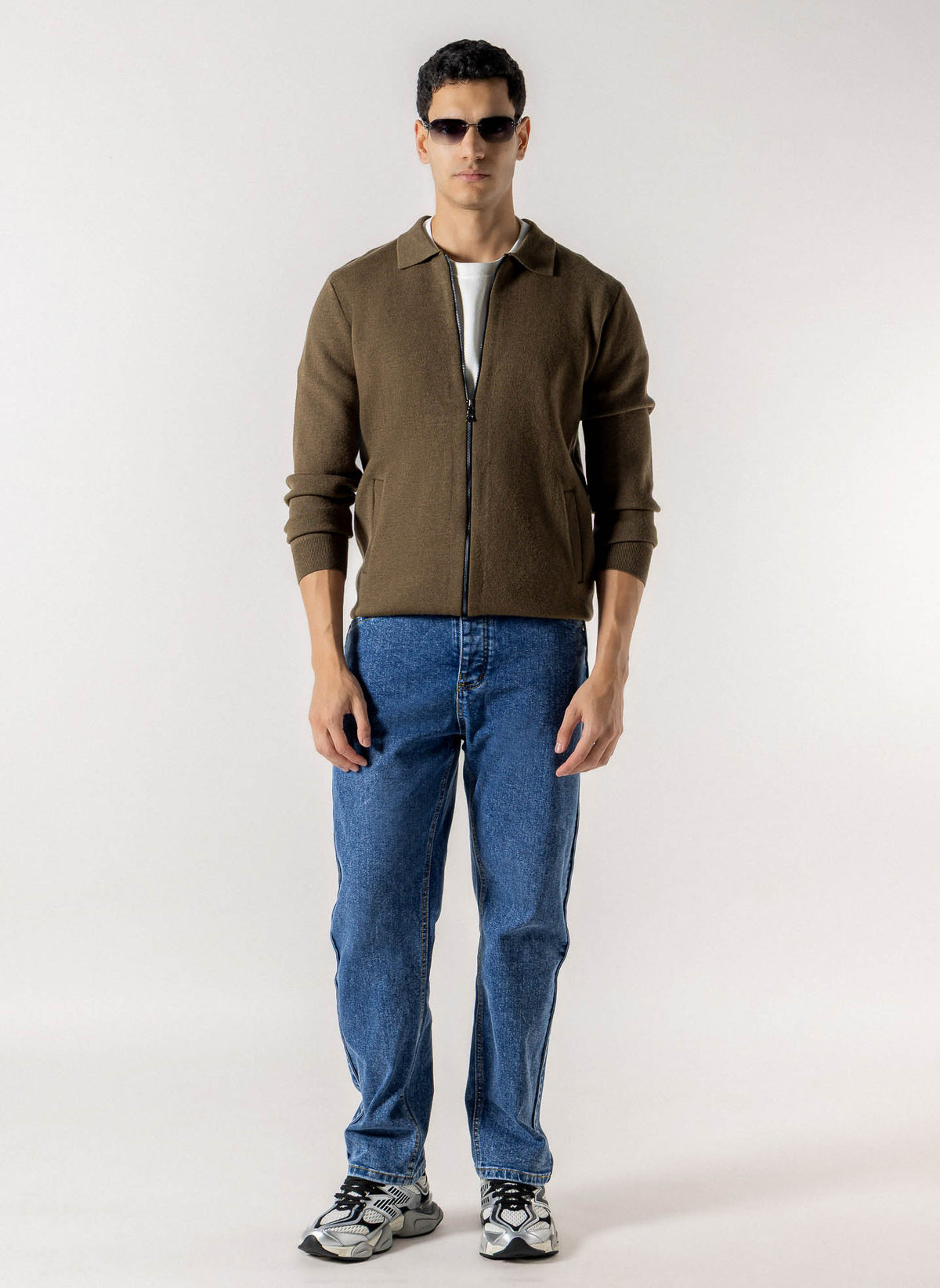 FULL ZIP COLLARED KNIT CARDIGAN
