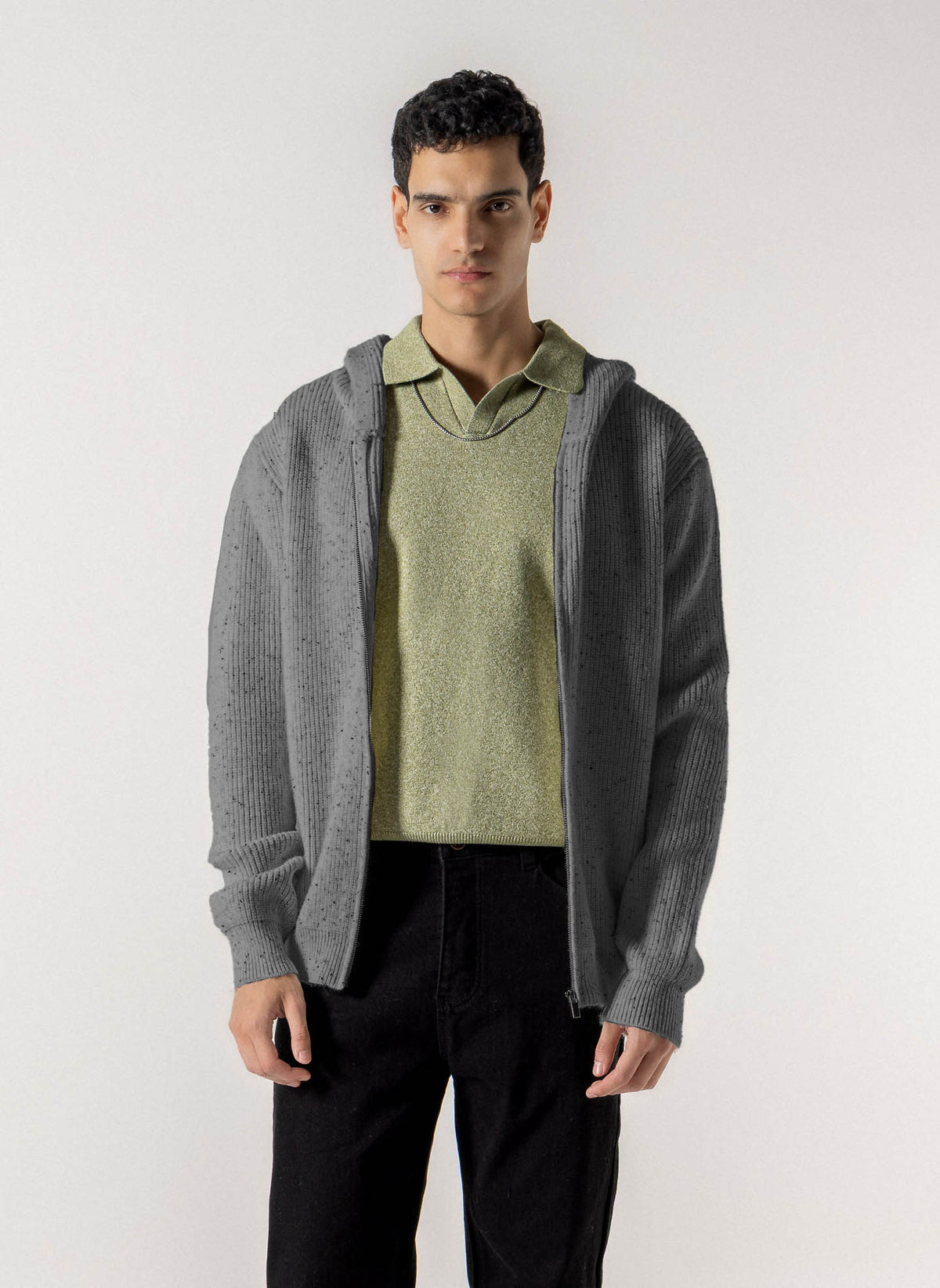 FLECKED FRONT ZIP  KNIT HOODIE