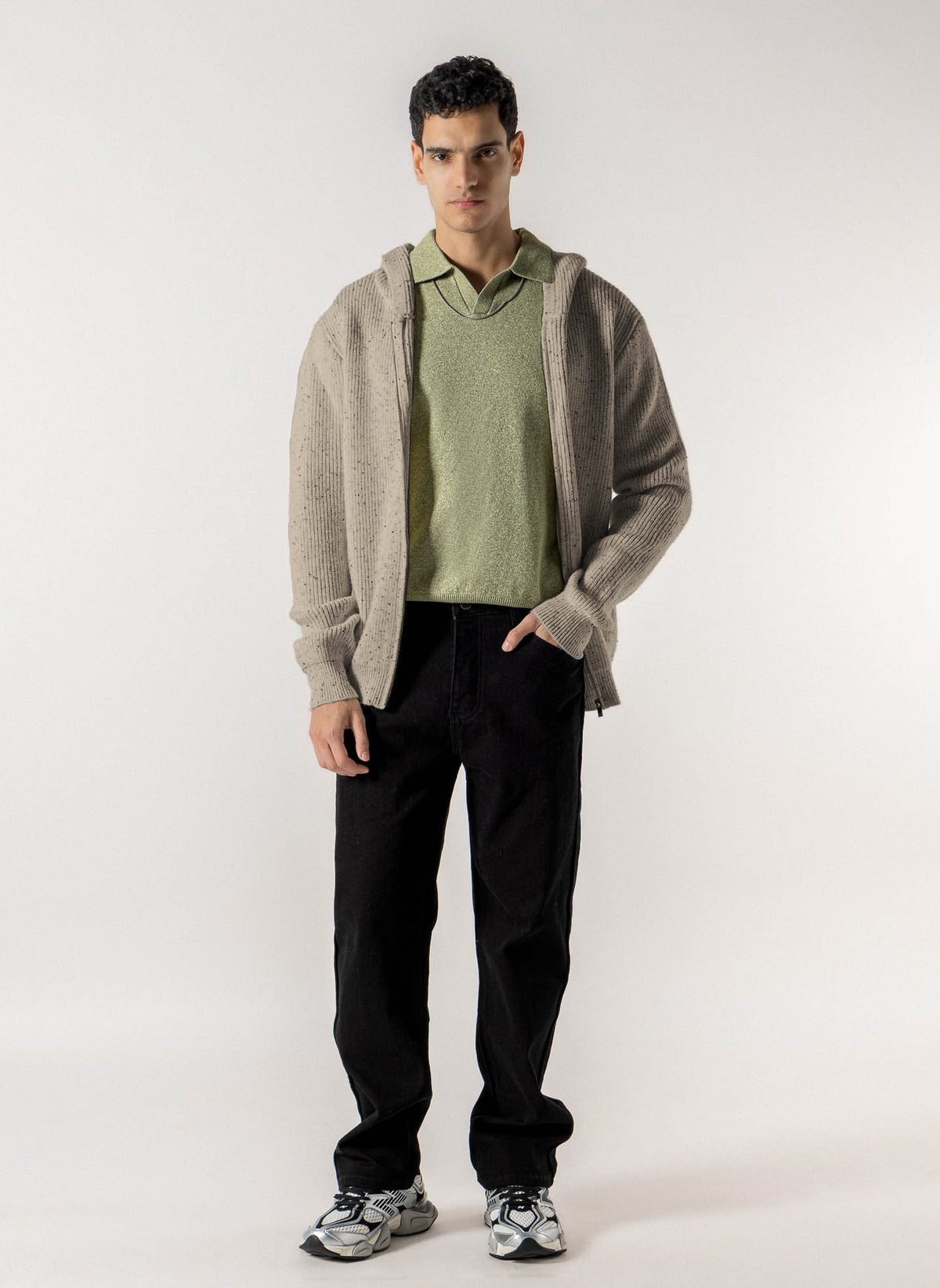 FLECKED FRONT ZIP  KNIT HOODIE