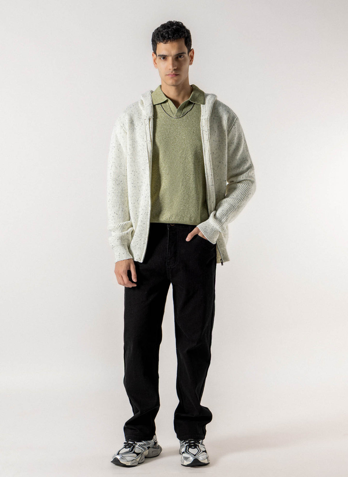 FLECKED FRONT ZIP  KNIT HOODIE