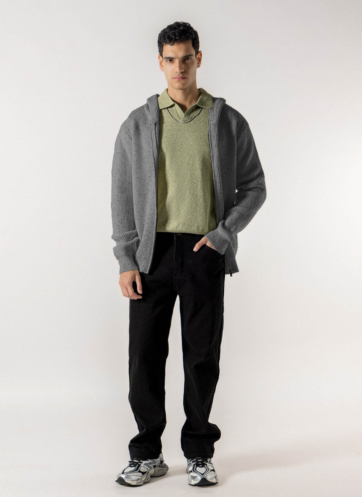 FLECKED FRONT ZIP  KNIT HOODIE