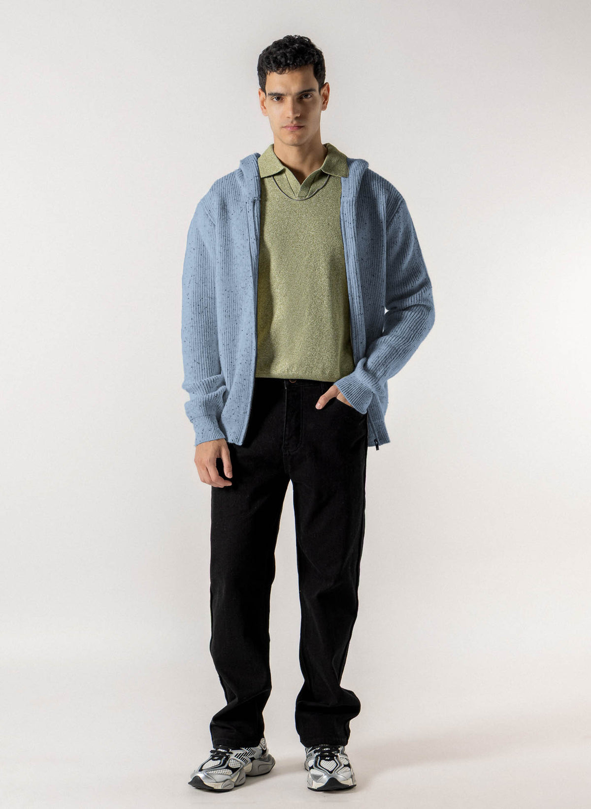 FLECKED FRONT ZIP  KNIT HOODIE