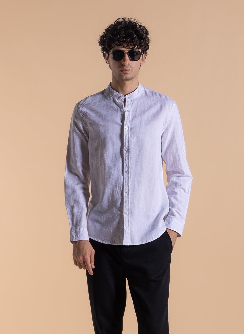 LINEN BLEND MANDARIN COLLAR SHIRT
