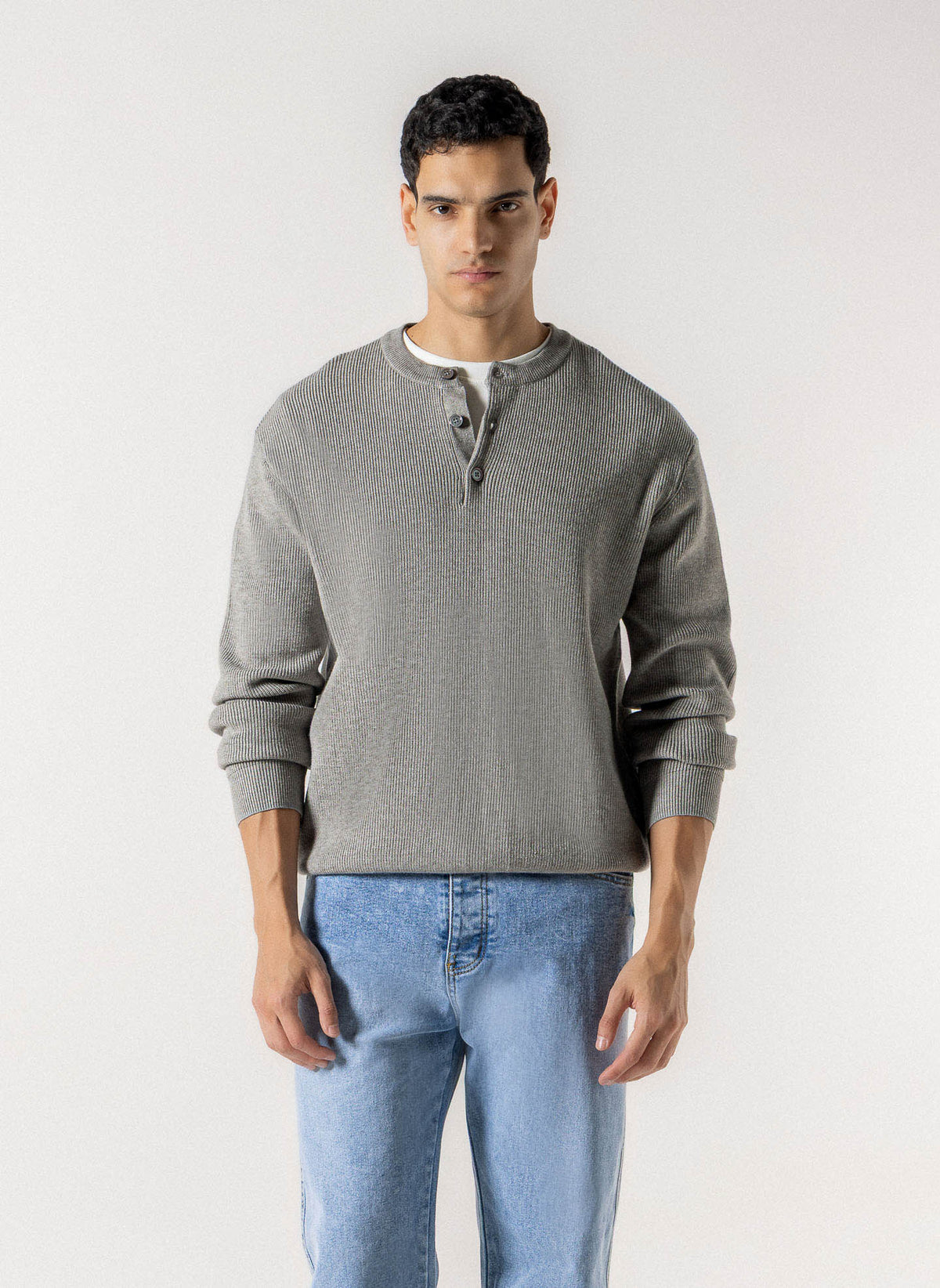 RIBBED HENLEY KNIT SWEATER