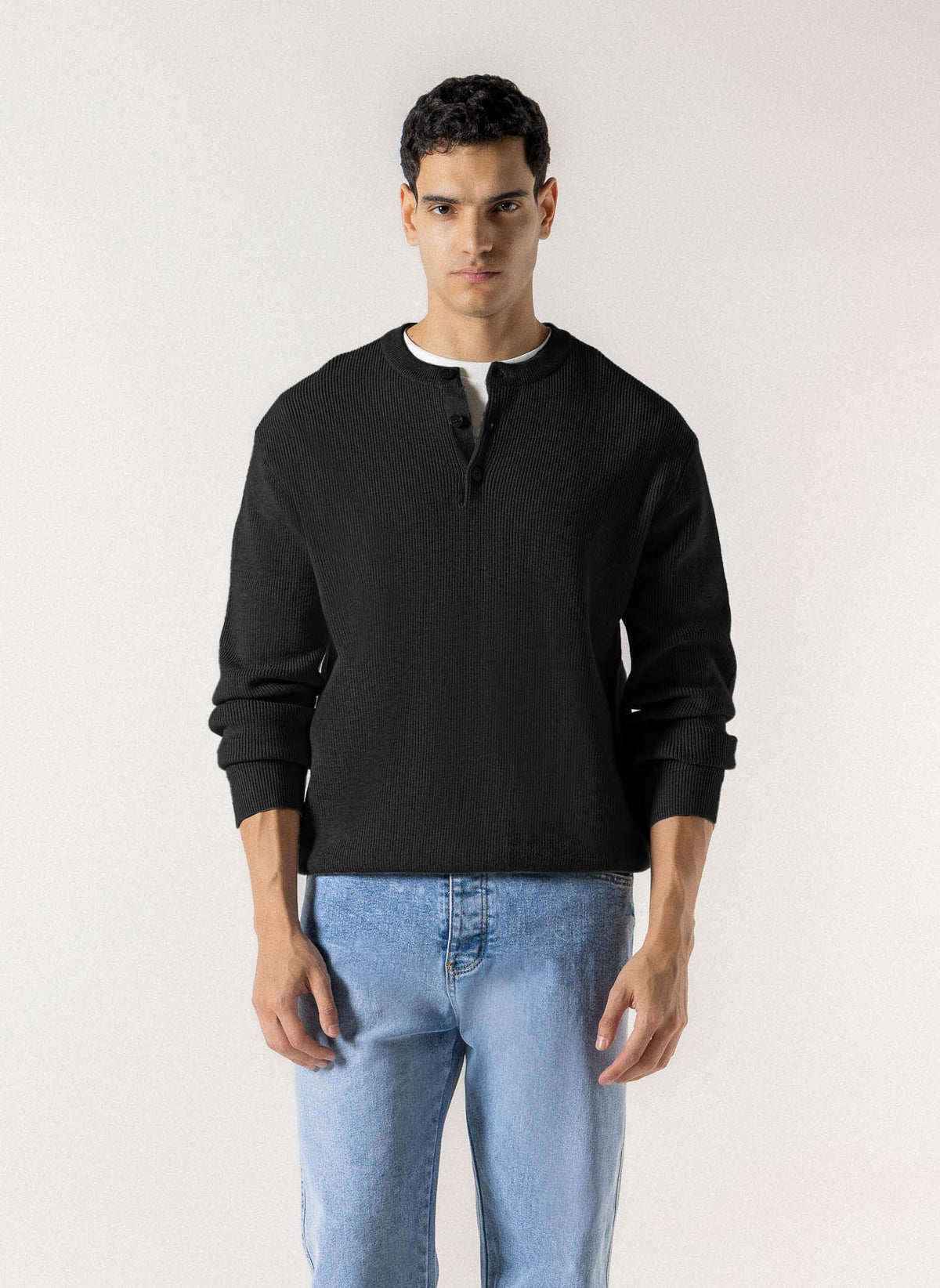 RIBBED HENLEY KNIT SWEATER