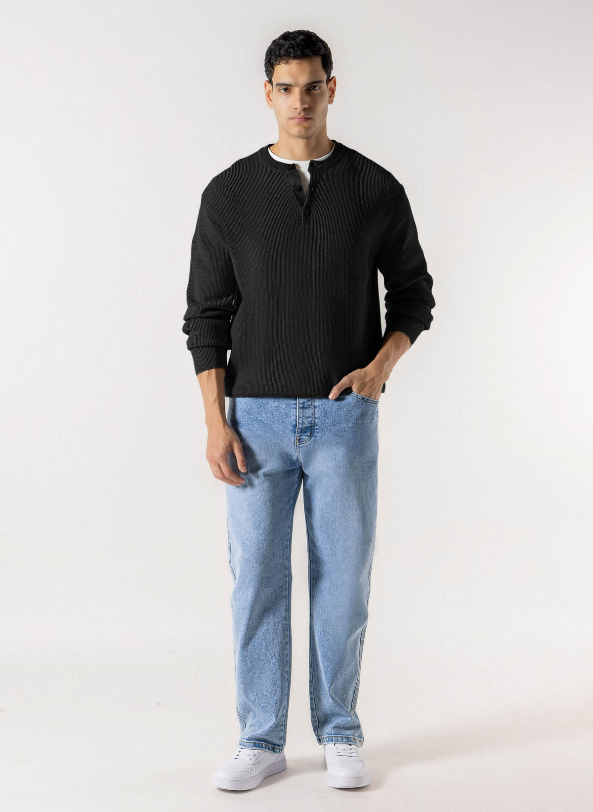 RIBBED HENLEY KNIT SWEATER