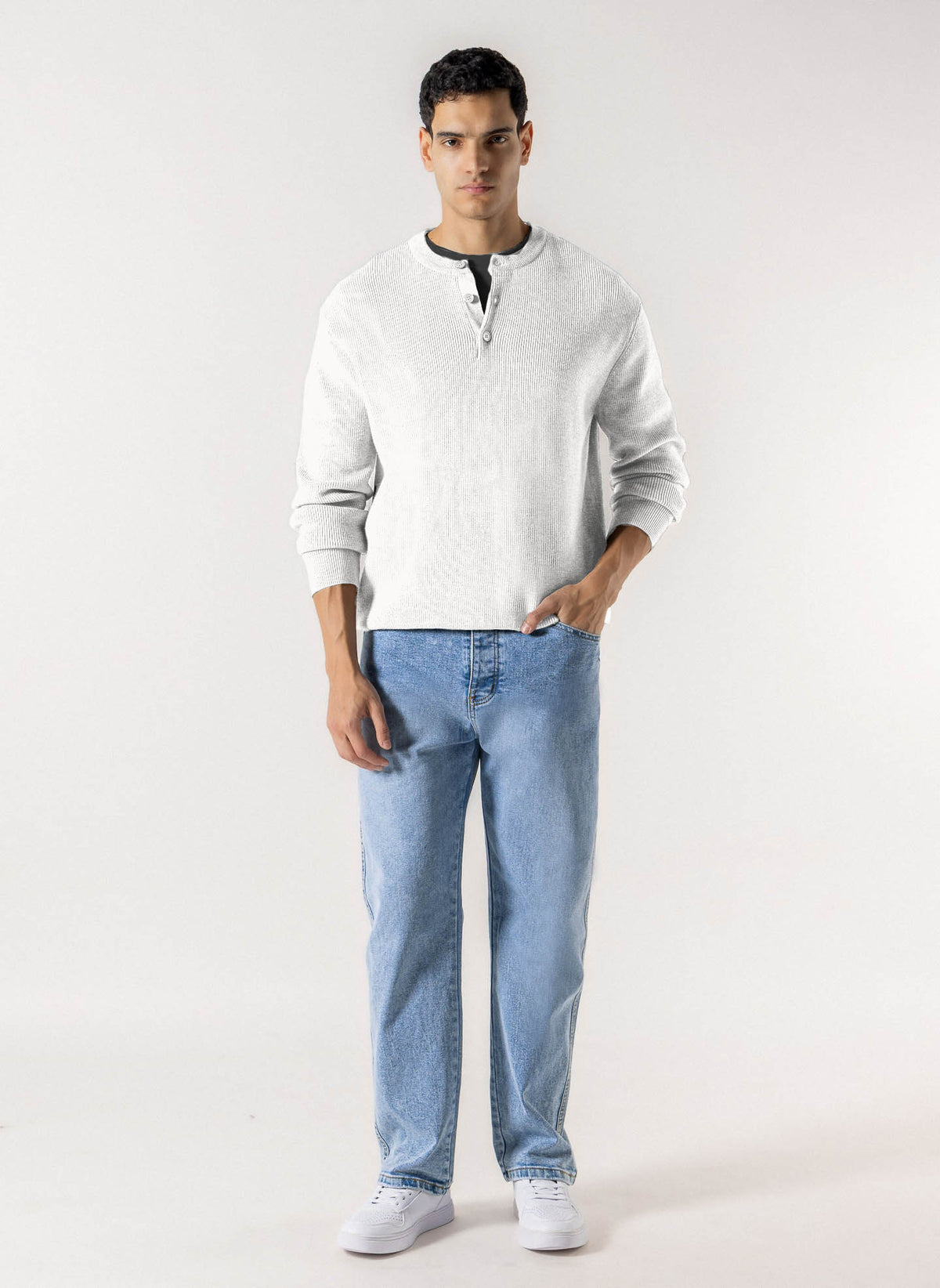 RIBBED HENLEY KNIT SWEATER