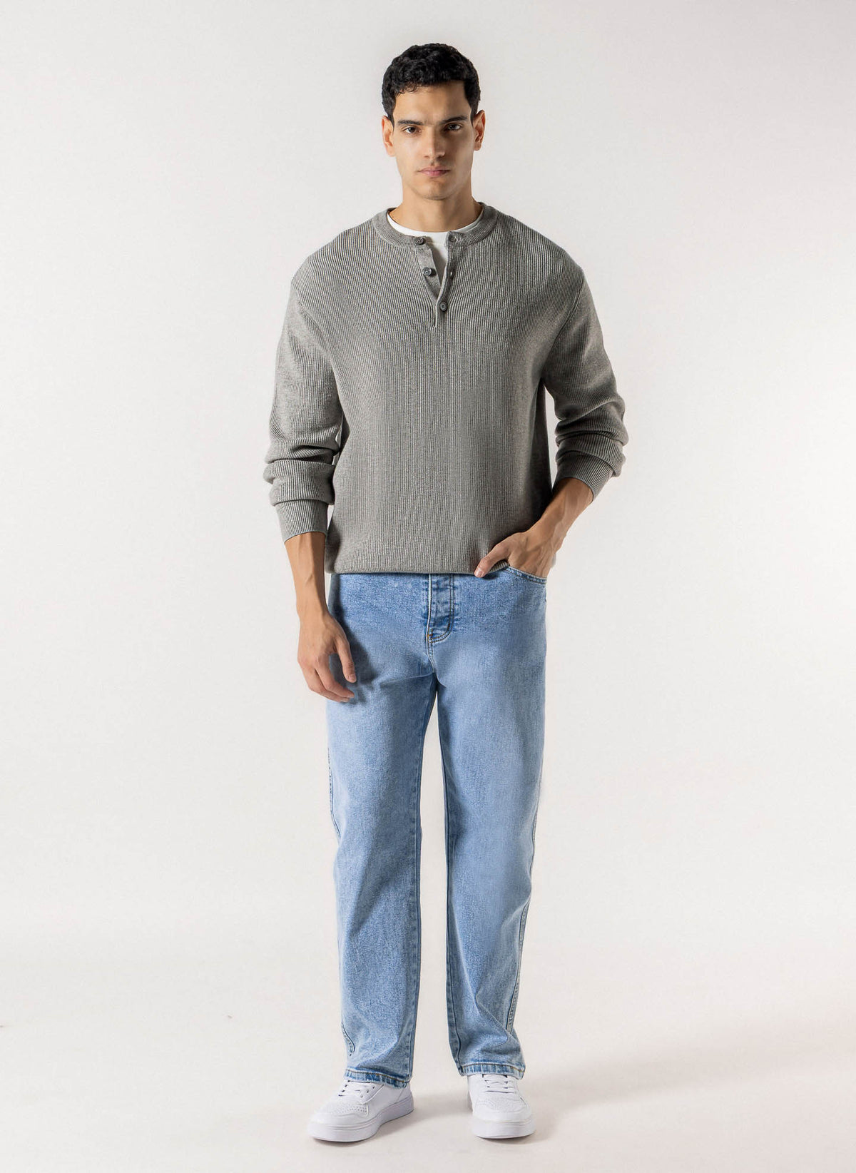 RIBBED HENLEY KNIT SWEATER