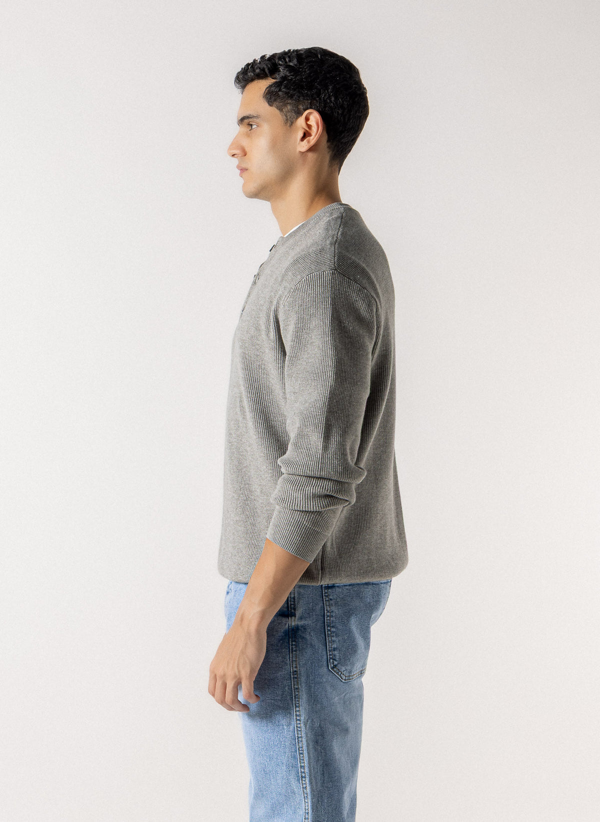 RIBBED HENLEY KNIT SWEATER