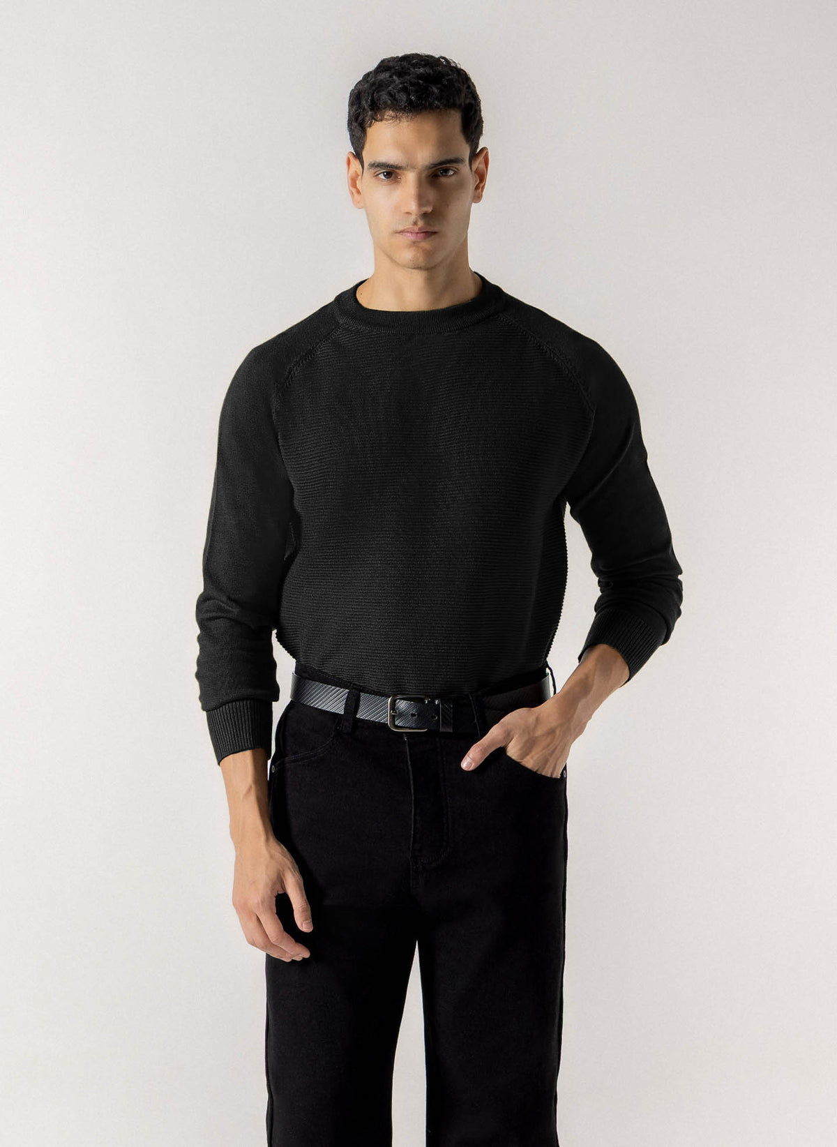 HORIZONTAL RIBBED CREW NECK SWEATER