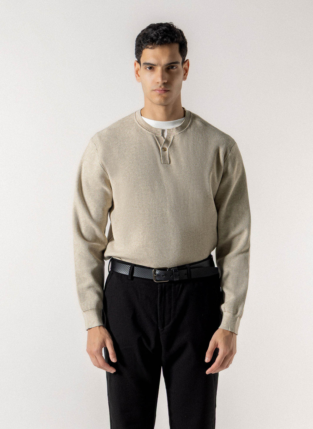 TEXTURED HENLEY KNIT SWEATER