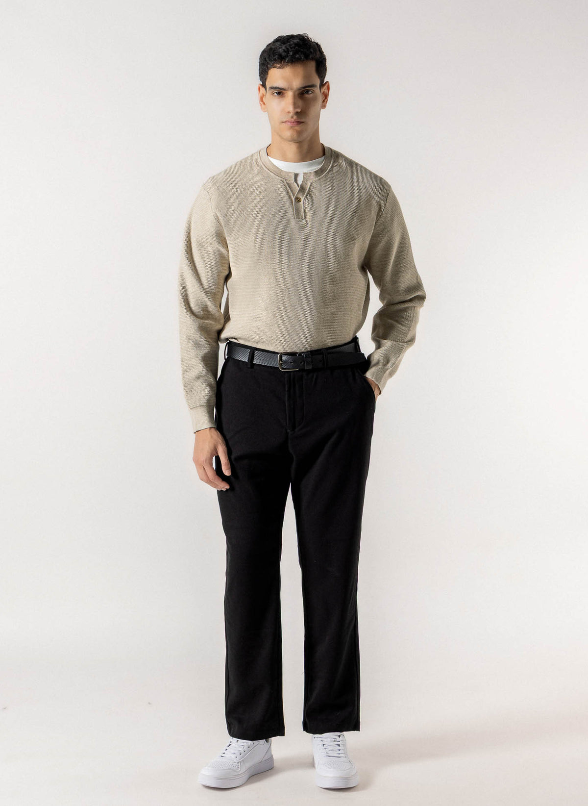 TEXTURED HENLEY KNIT SWEATER