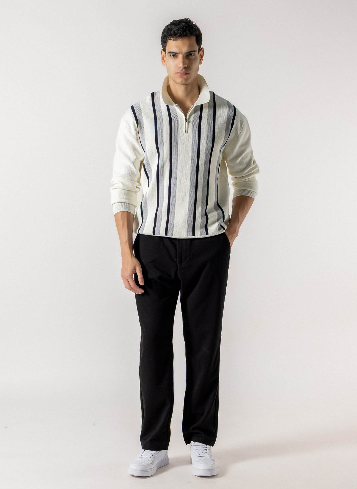 STRIPED HALF ZIP POLO SWEATER