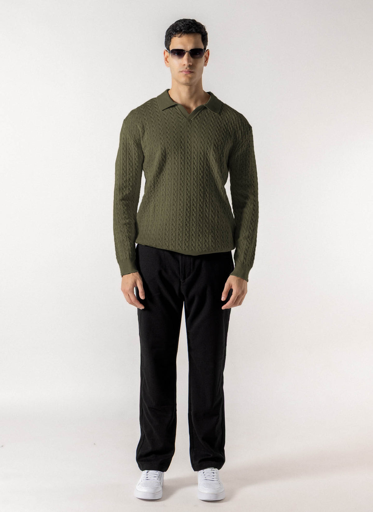 CABLE KNIT POLO SWEATER