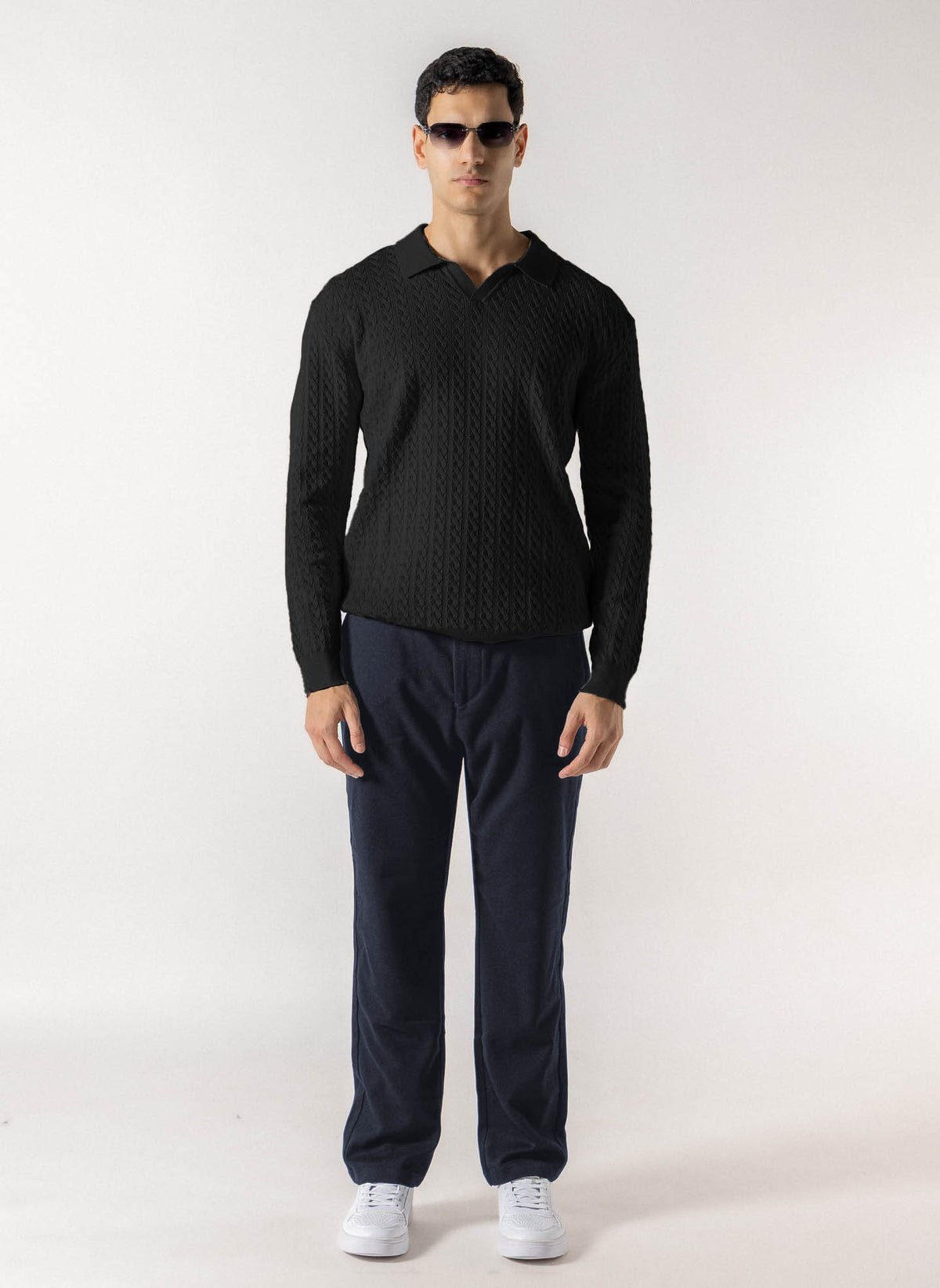 CABLE KNIT POLO SWEATER