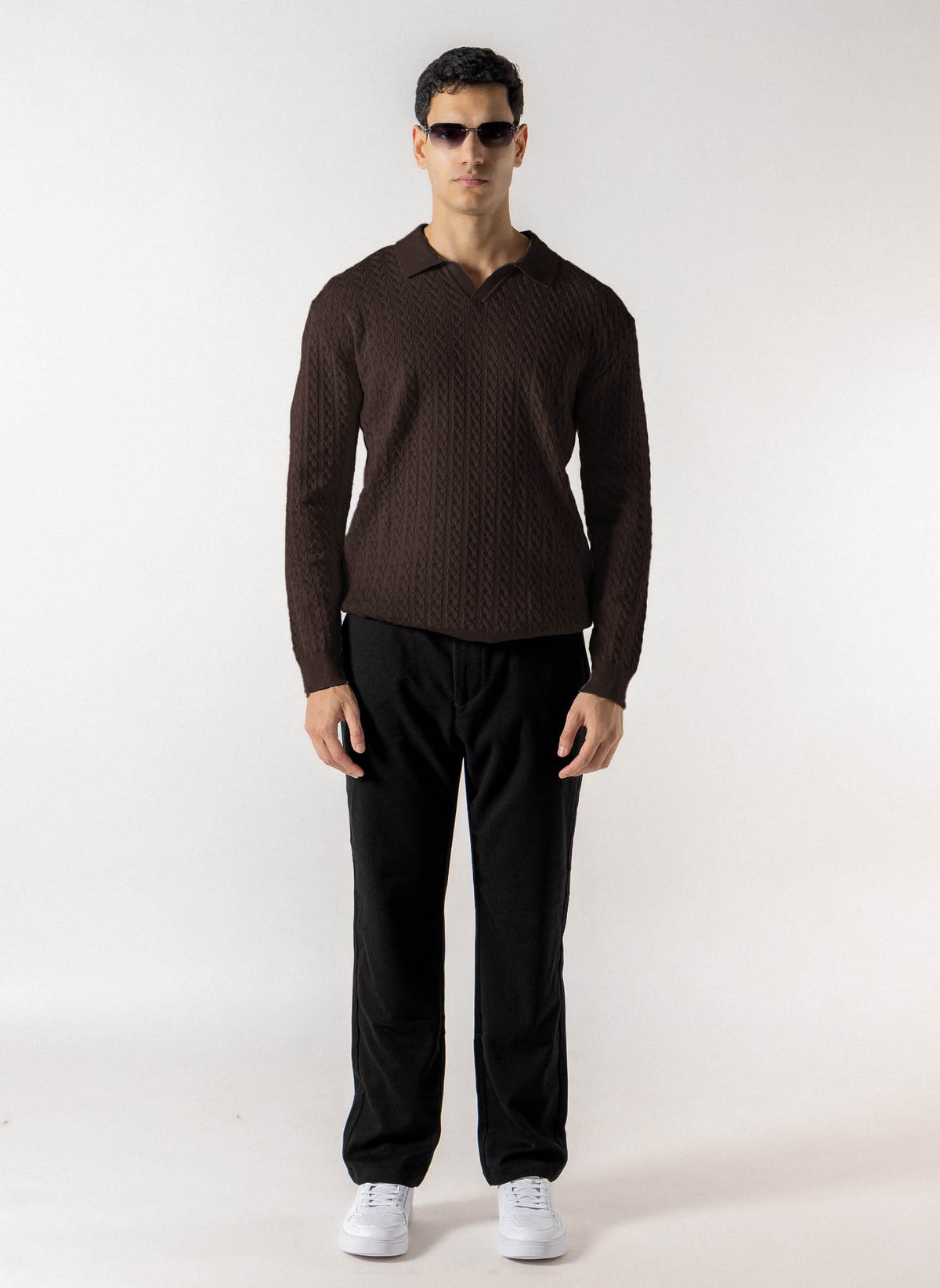 CABLE KNIT POLO SWEATER