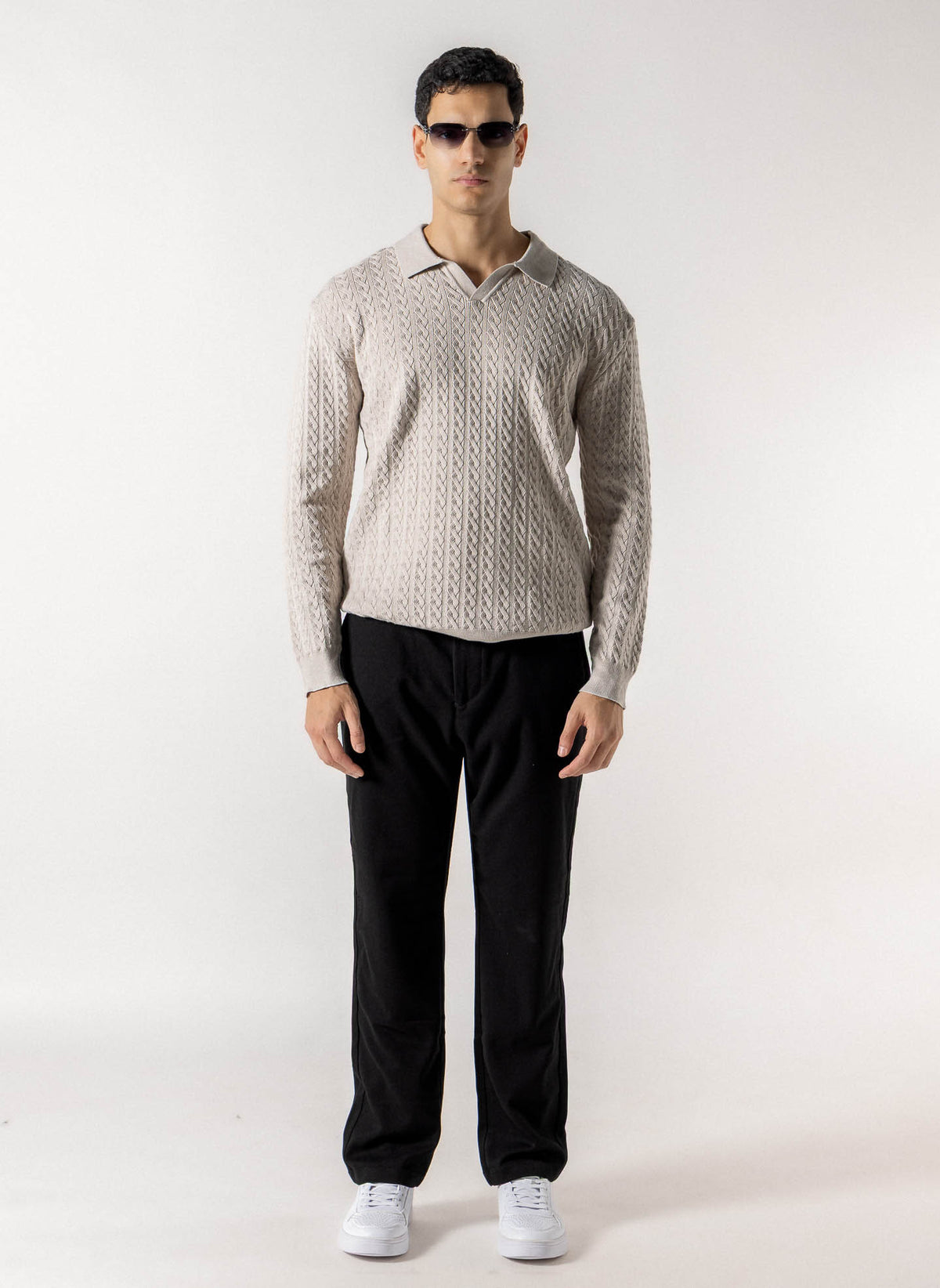 CABLE KNIT POLO SWEATER