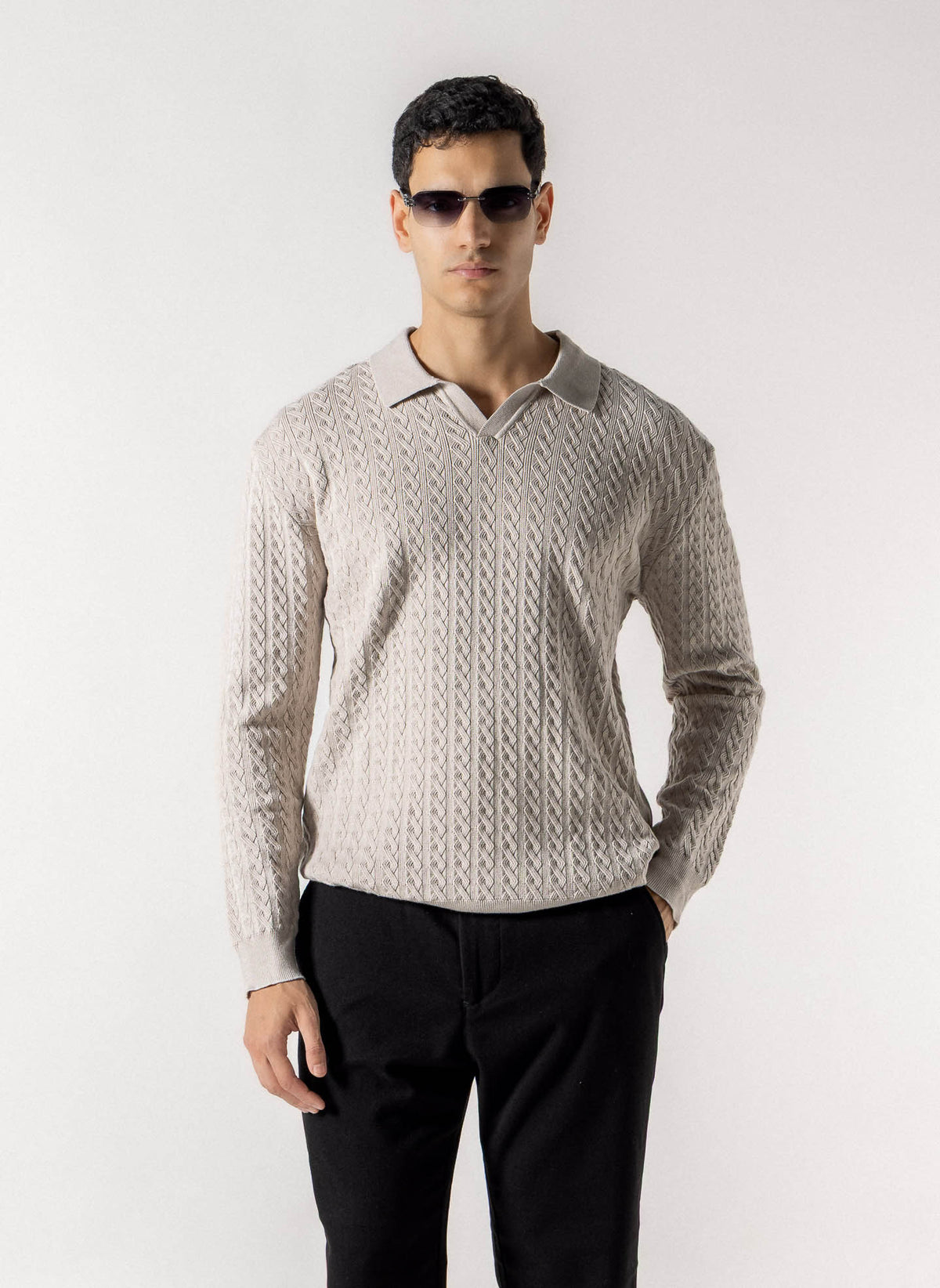 CABLE KNIT POLO SWEATER