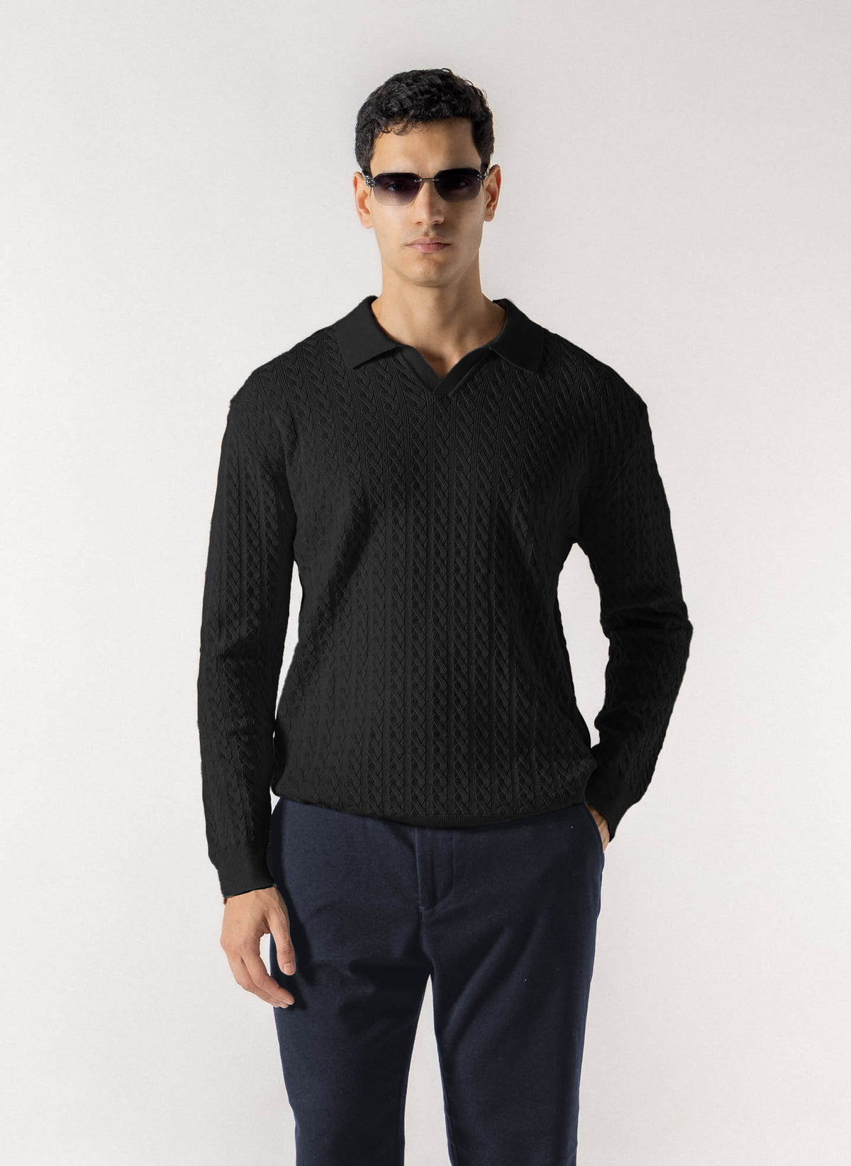 CABLE KNIT POLO SWEATER