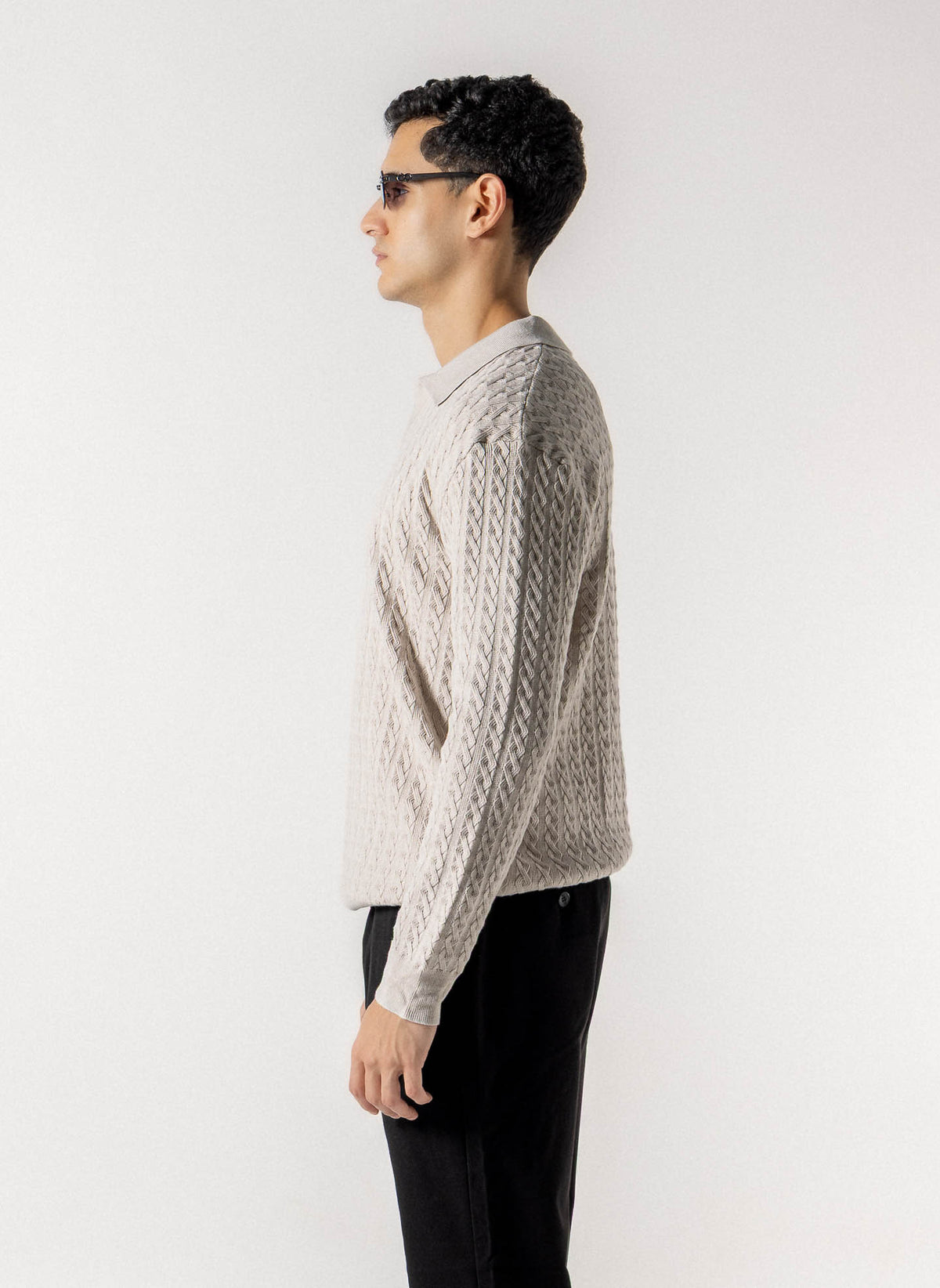 CABLE KNIT POLO SWEATER