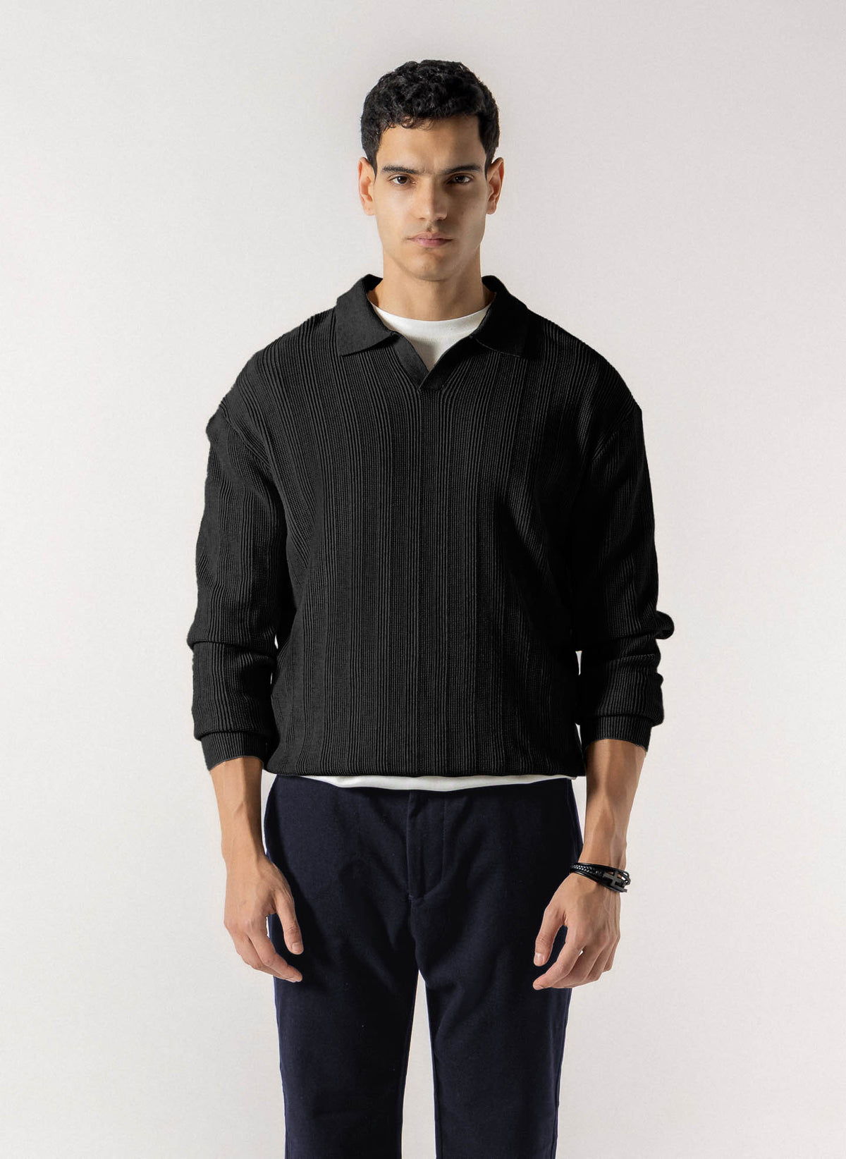 TEXTURED POLO KNIT SWEATER