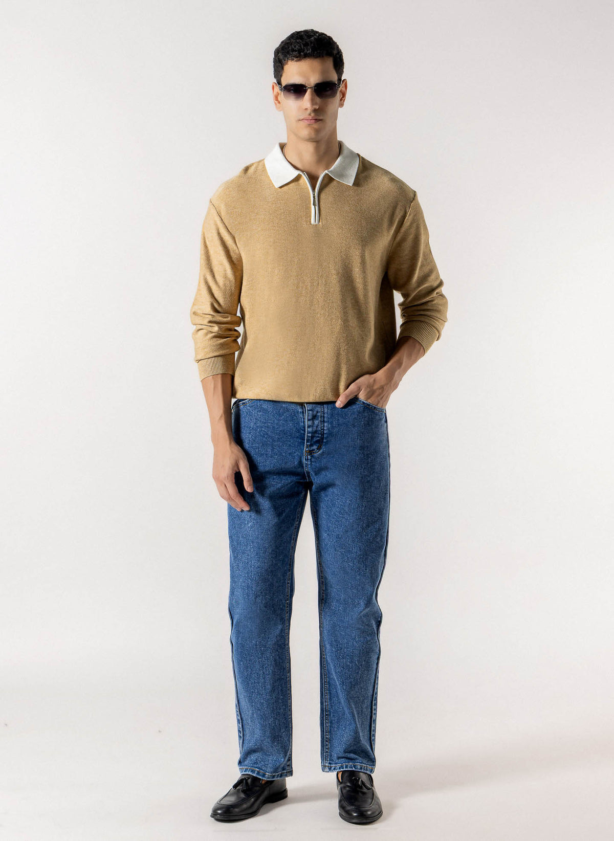 CONTRAST COLLAR HALF ZIP POLO SWEATER
