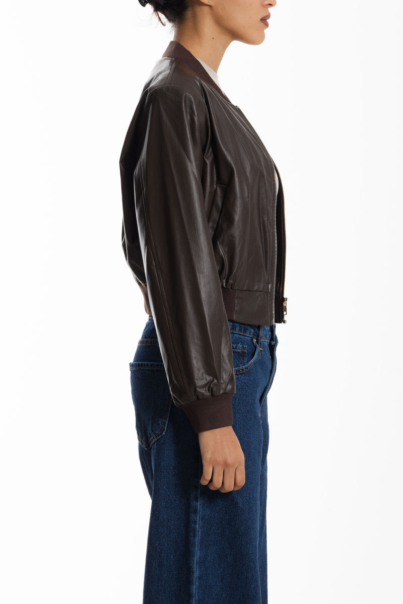 FAUX LEATHER CROPPED BOMBER JACKET