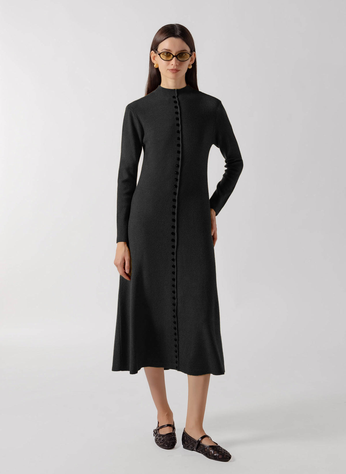 CONTRAST BUTTON DOWN MIDI KNIT DRESS