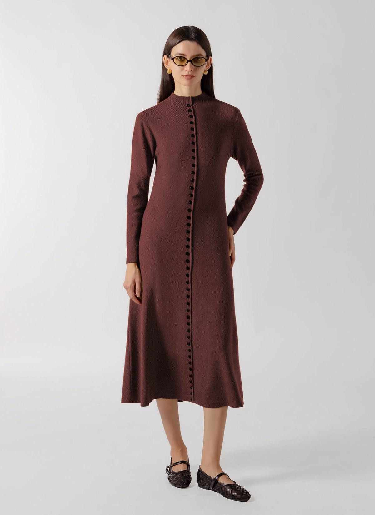 CONTRAST BUTTON DOWN MIDI KNIT DRESS