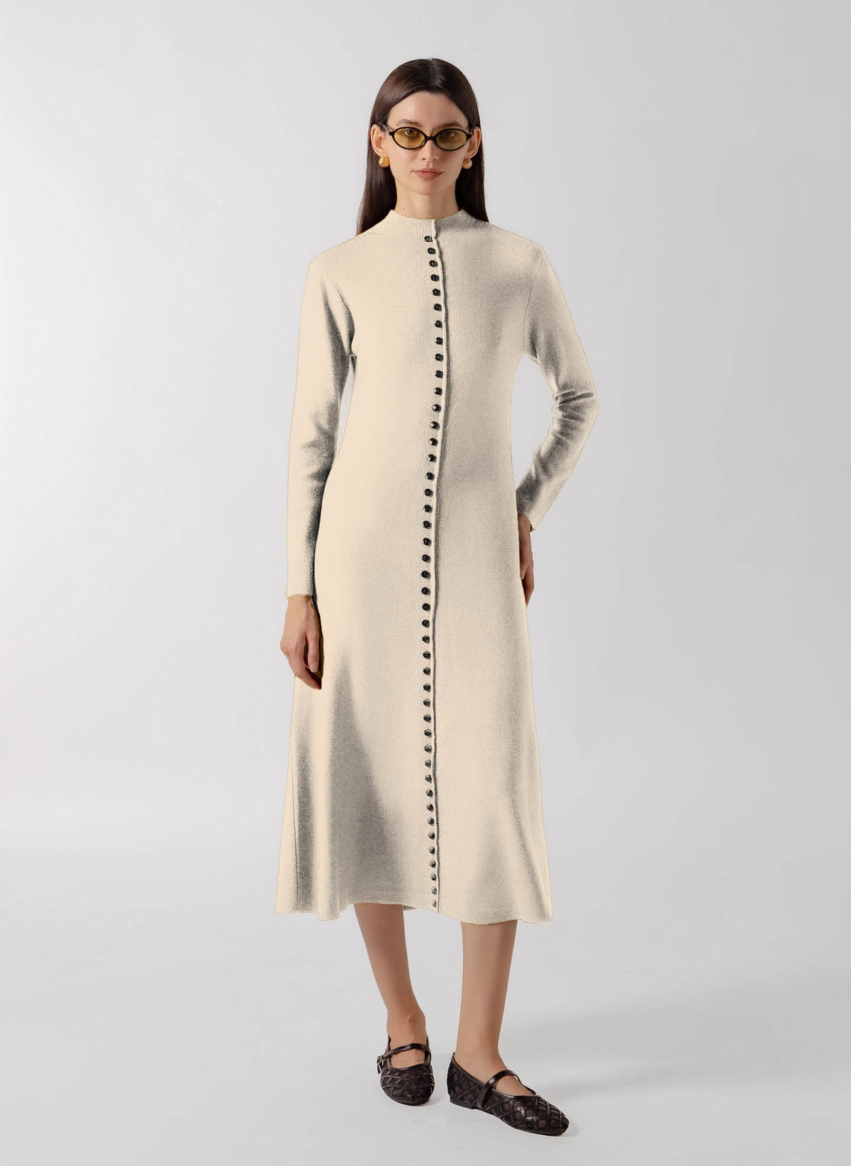 CONTRAST BUTTON DOWN MIDI KNIT DRESS