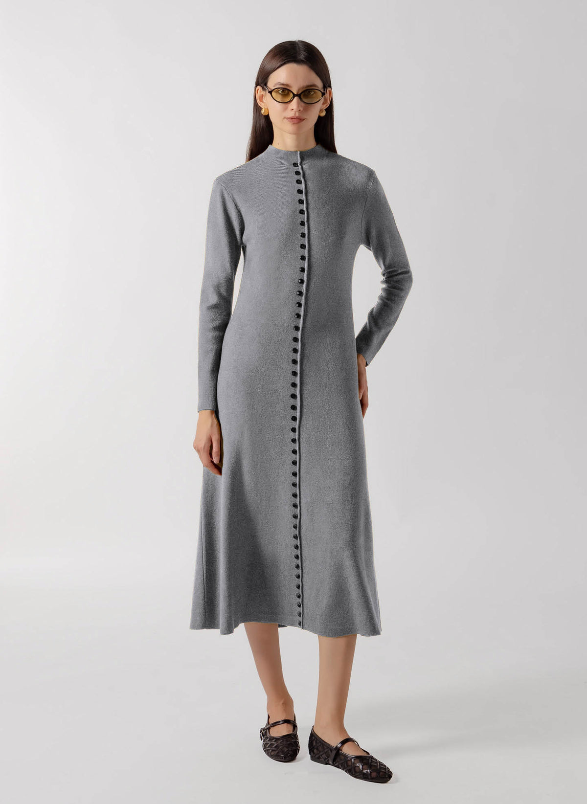 CONTRAST BUTTON DOWN MIDI KNIT DRESS