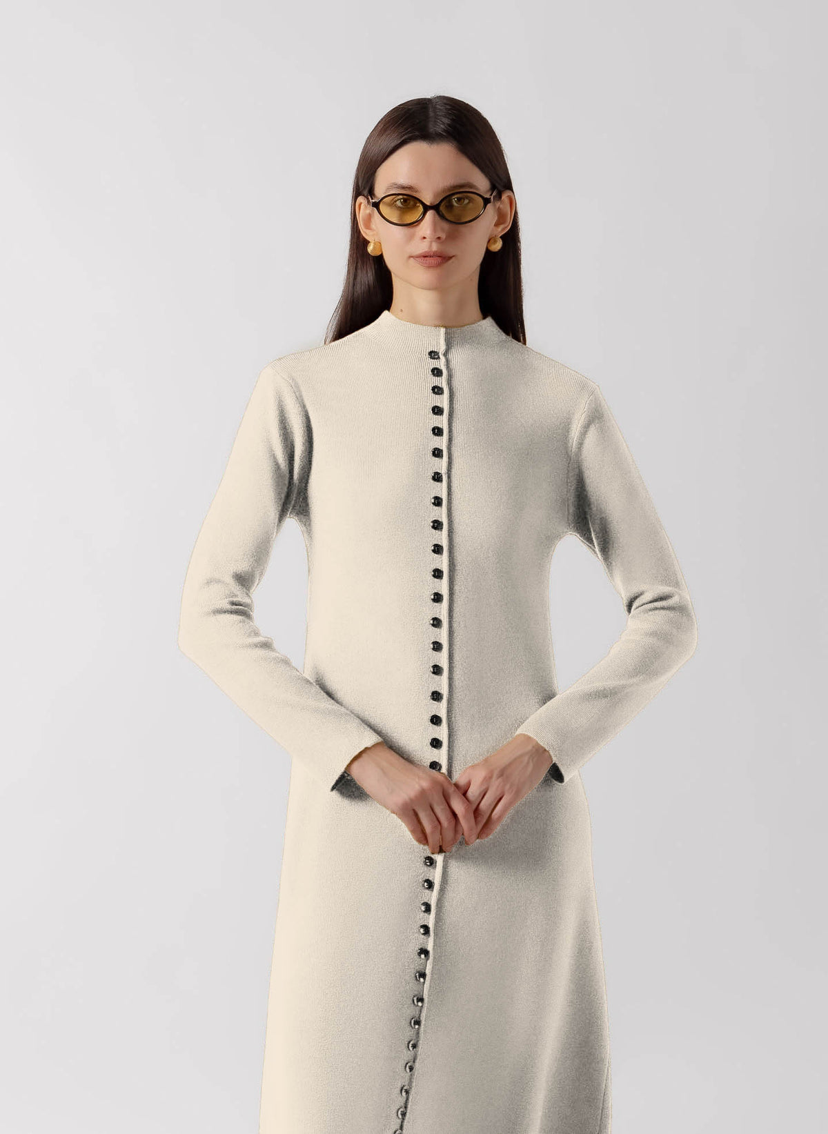 CONTRAST BUTTON DOWN MIDI KNIT DRESS