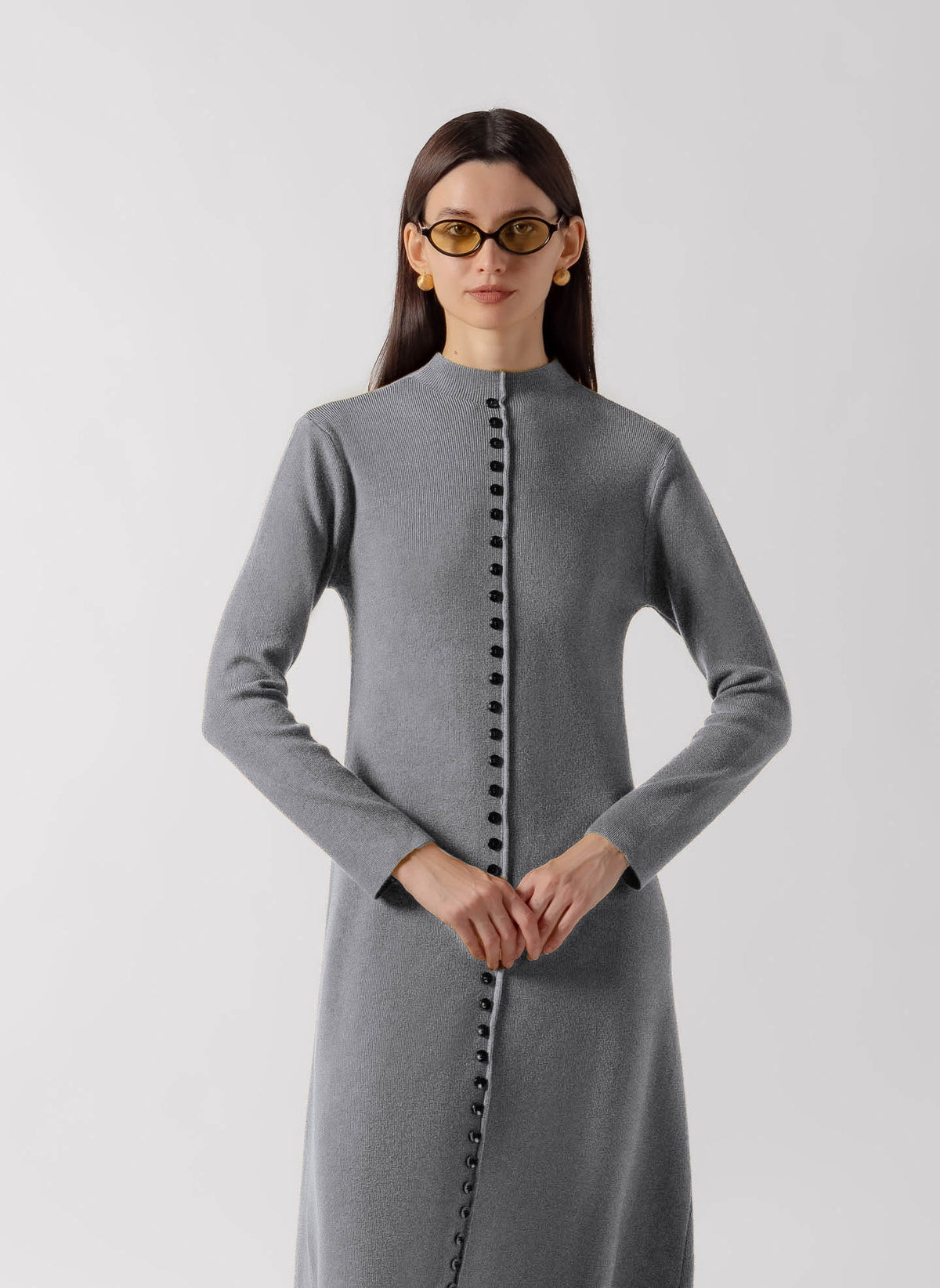 CONTRAST BUTTON DOWN MIDI KNIT DRESS