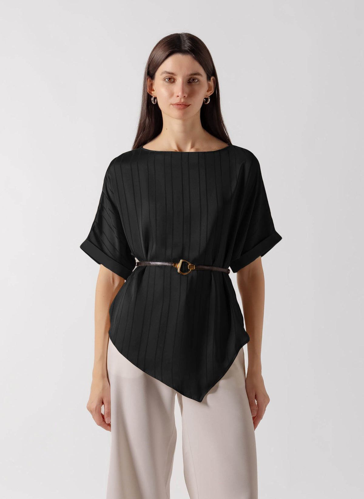 BELTED BOAT NECK SATIN DRAPED TOP