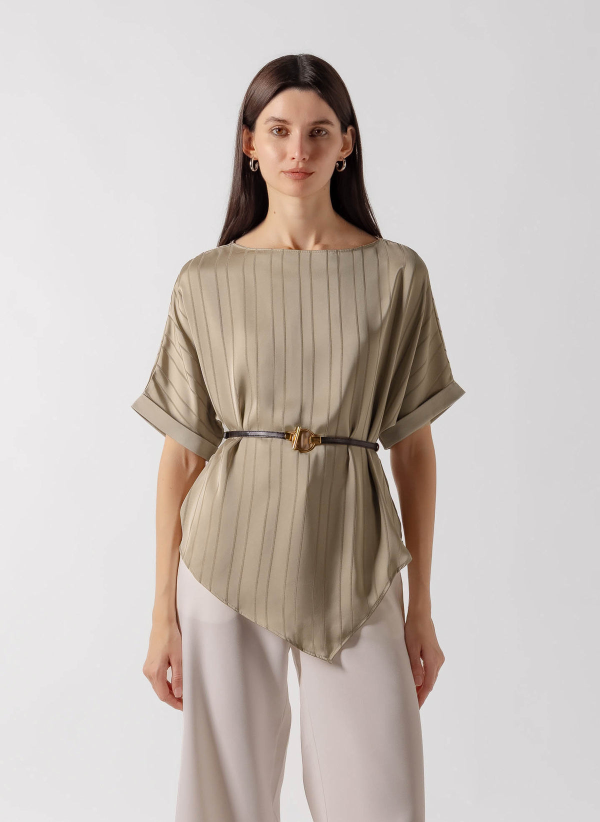BELTED BOAT NECK SATIN DRAPED TOP