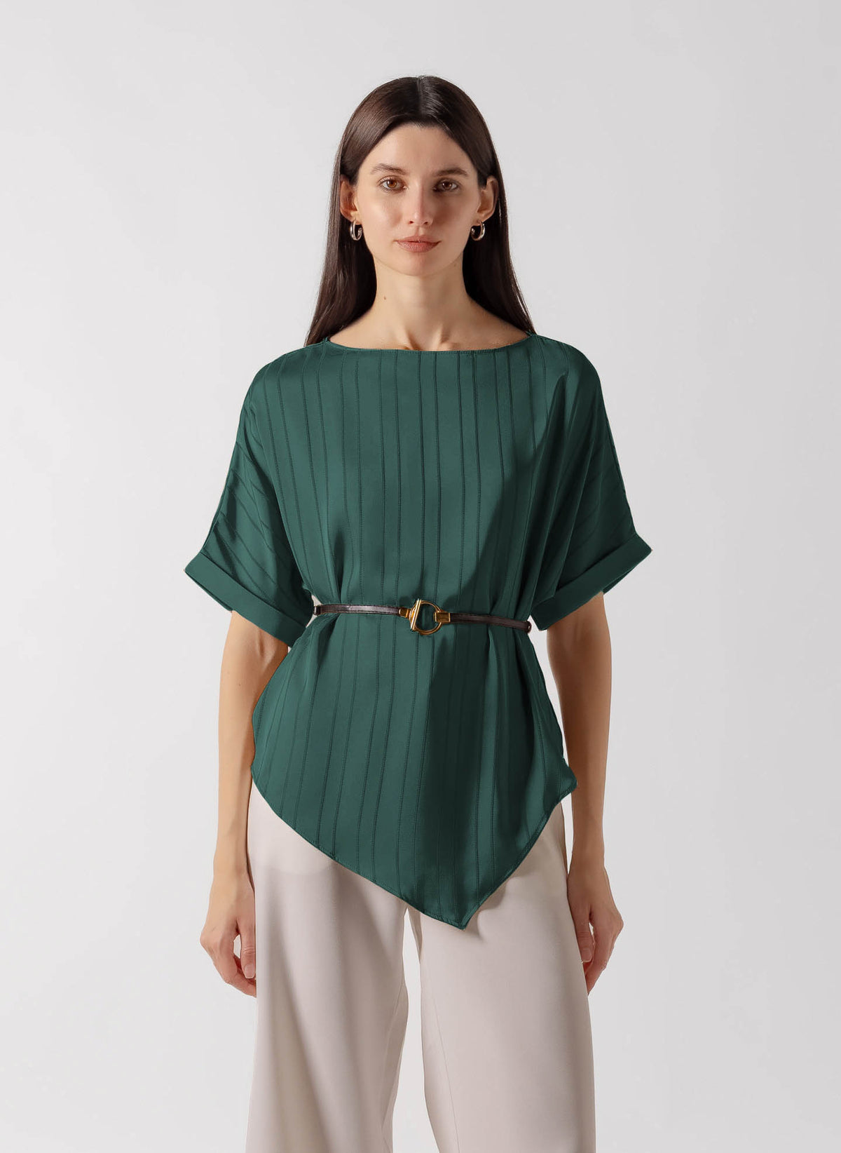 BELTED BOAT NECK SATIN DRAPED TOP