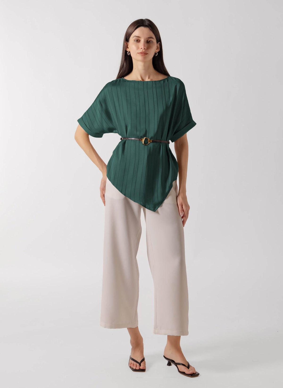 BELTED BOAT NECK SATIN DRAPED TOP